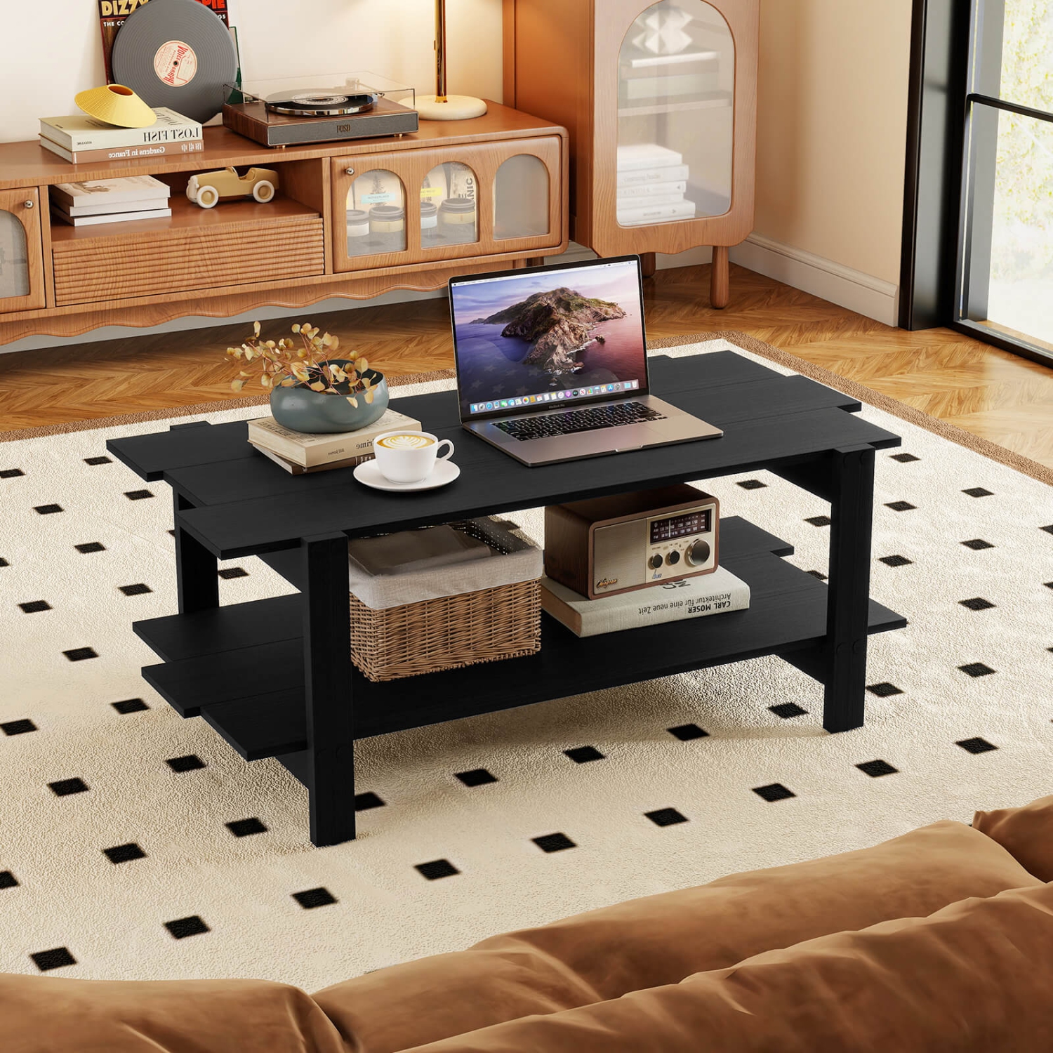 Table basse 2 niveaux de Costway, table basse irrégulière, tablette de rangement ouverte, table basse noyer/noir/brun/blanc