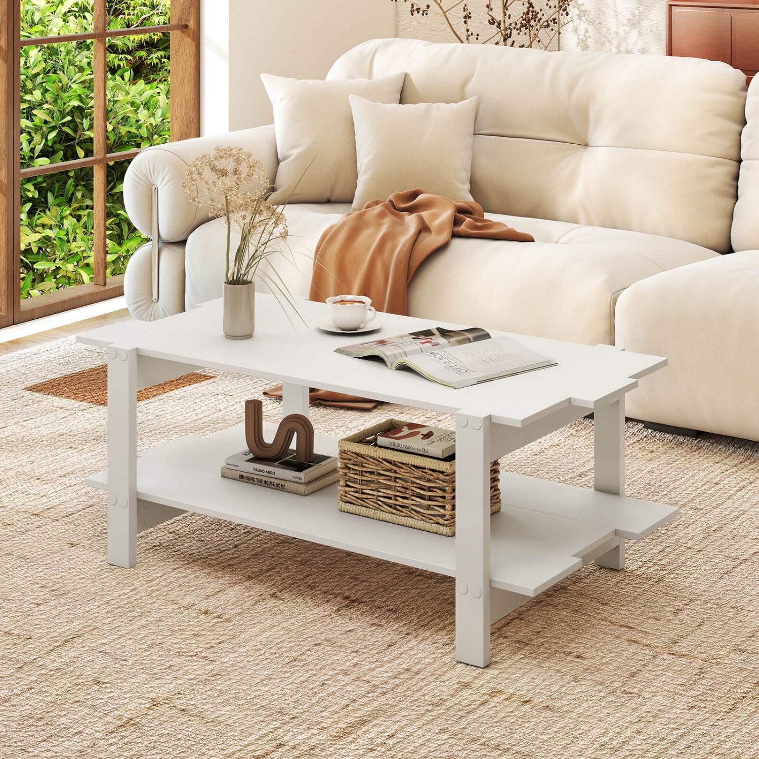 Table basse 2 niveaux de Costway, table basse irrégulière, tablette de rangement ouverte, table basse noyer/noir/brun/blanc