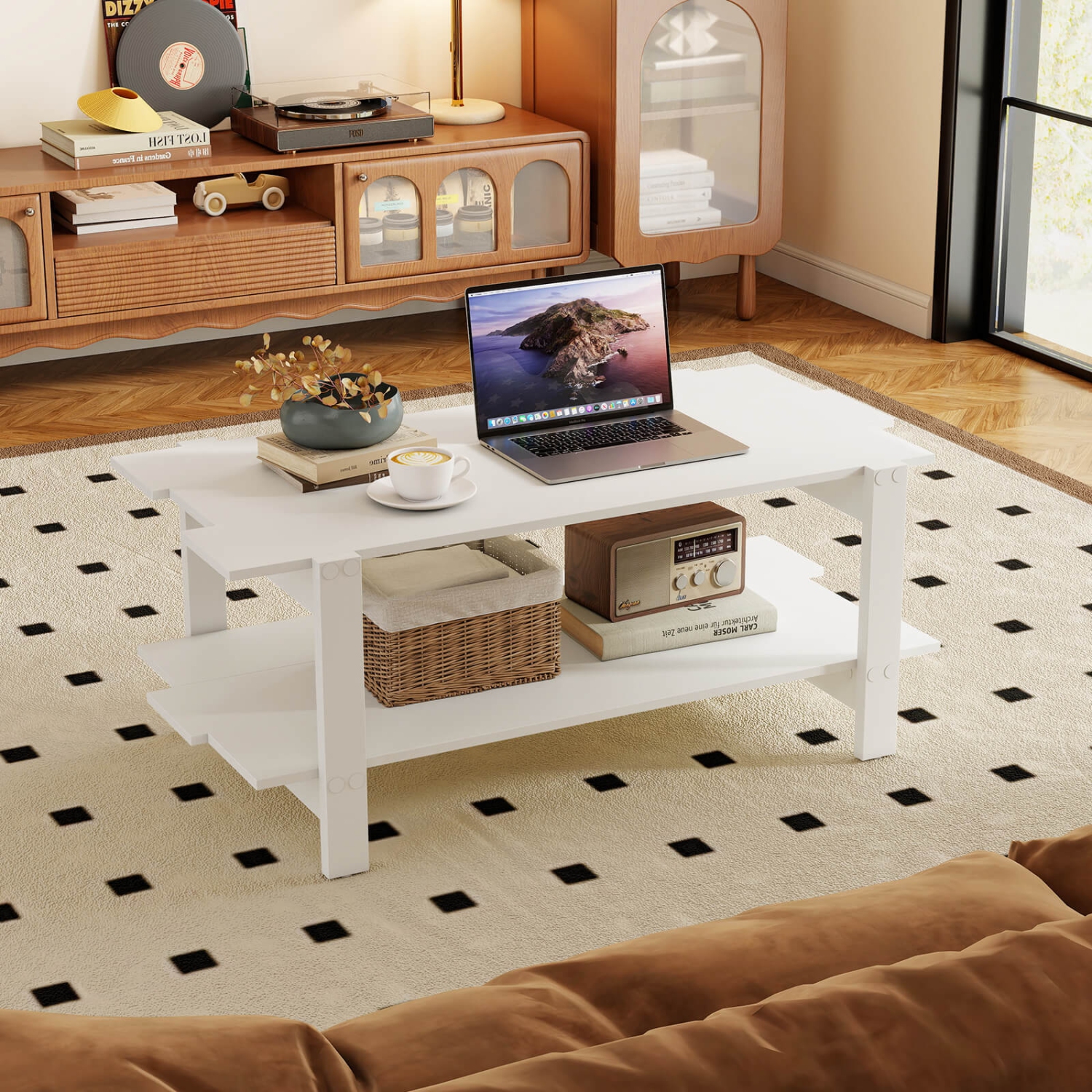 Table basse 2 niveaux de Costway, table basse irrégulière, tablette de rangement ouverte, table basse noyer/noir/brun/blanc