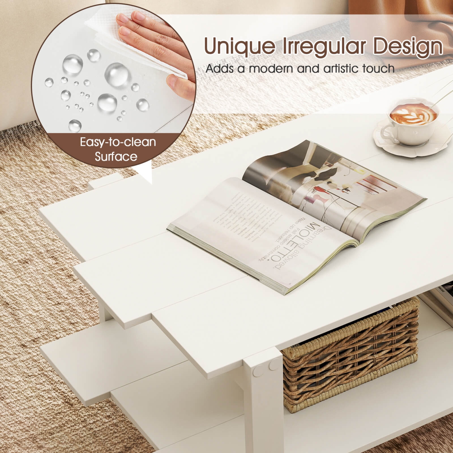 Table basse 2 niveaux de Costway, table basse irrégulière, tablette de rangement ouverte, table basse noyer/noir/brun/blanc