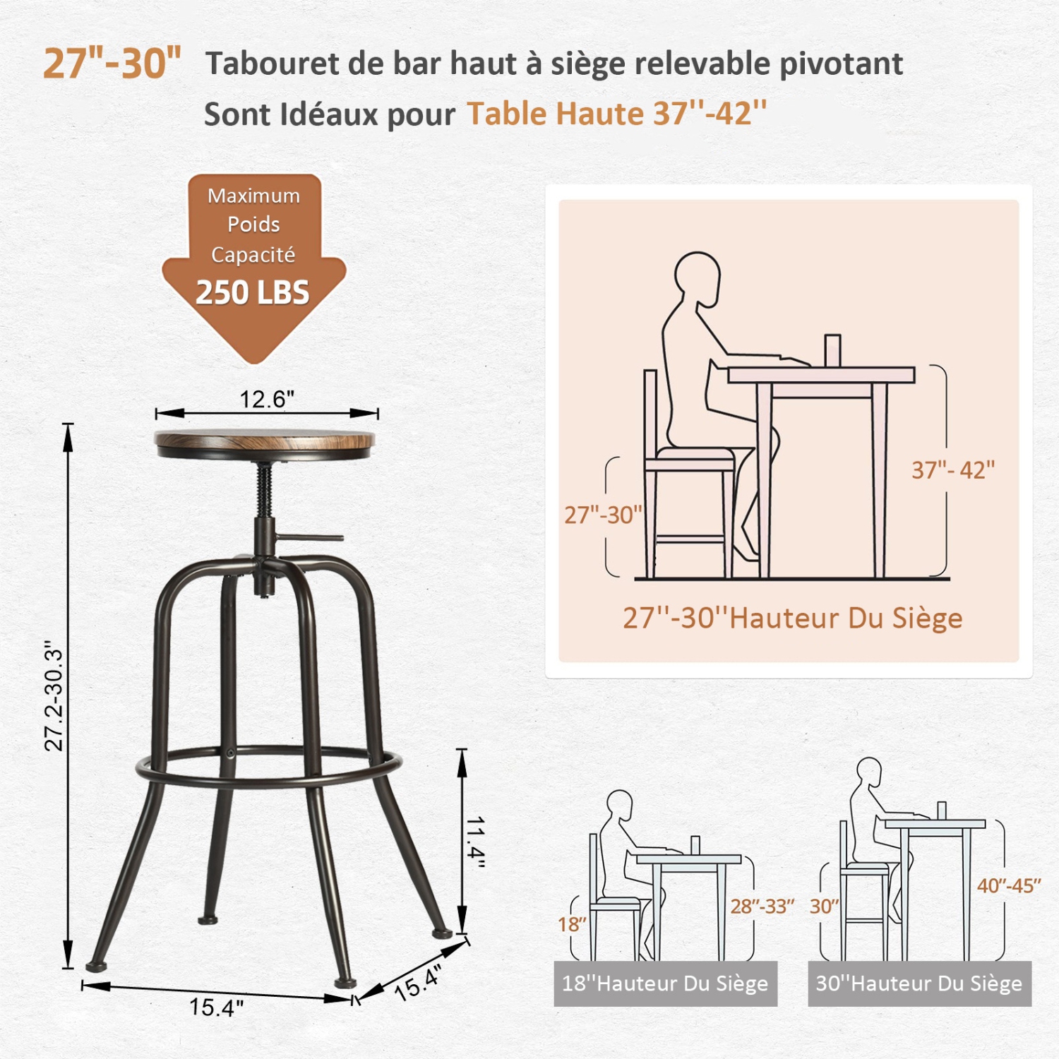 Ensemble de 2 tabourets de bar réglables Homy Casa avec sièges pivotants et dossier ergonomique pour les bars à domicile, les comptoirs de cuisine et