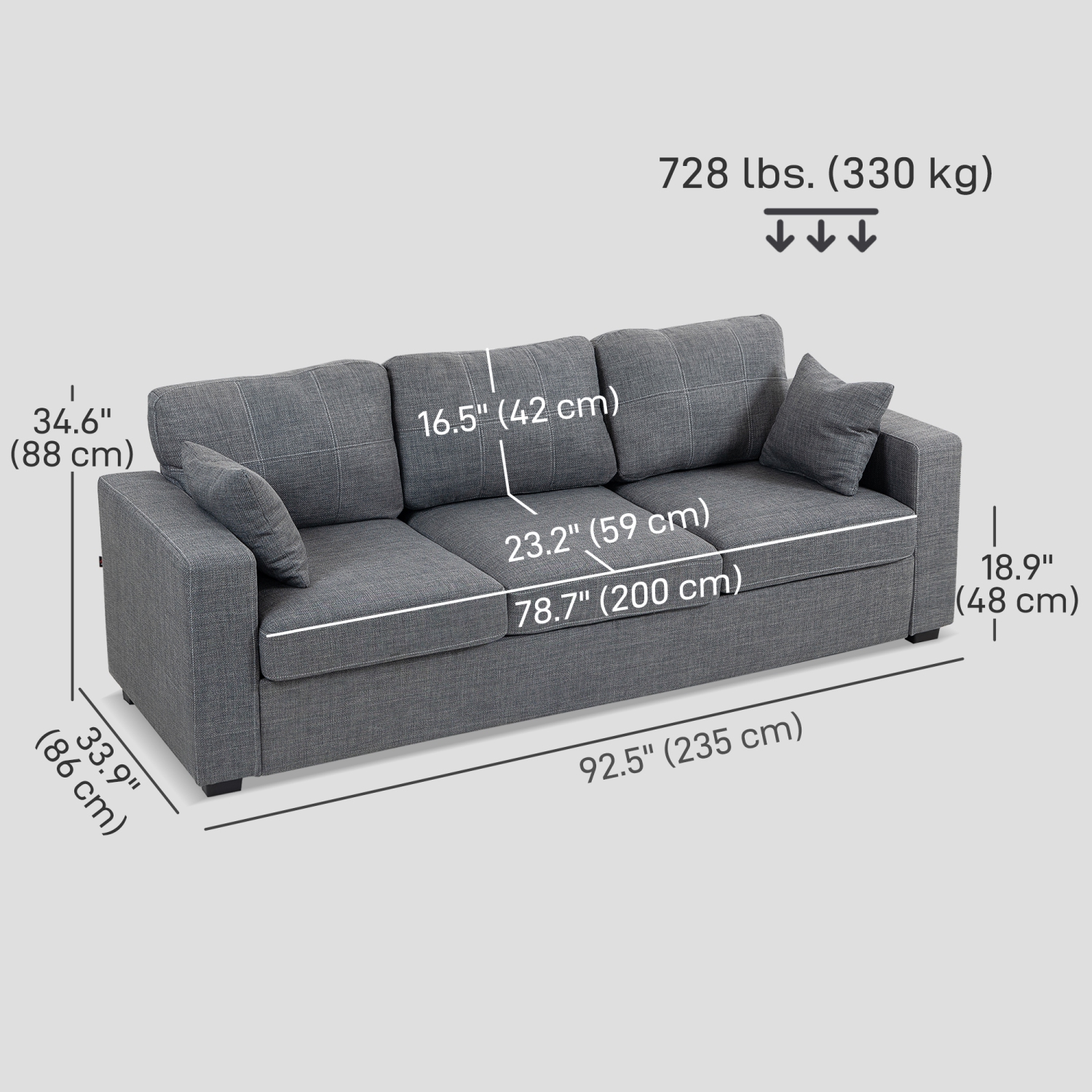 HOMCOM 3 Seater Sofa, 93" Modern Upholstered Linen-Look Couch with Deep Seat, Thick Padded and 2 Throw Pillows for Living Room, Bedroom, Home Office,