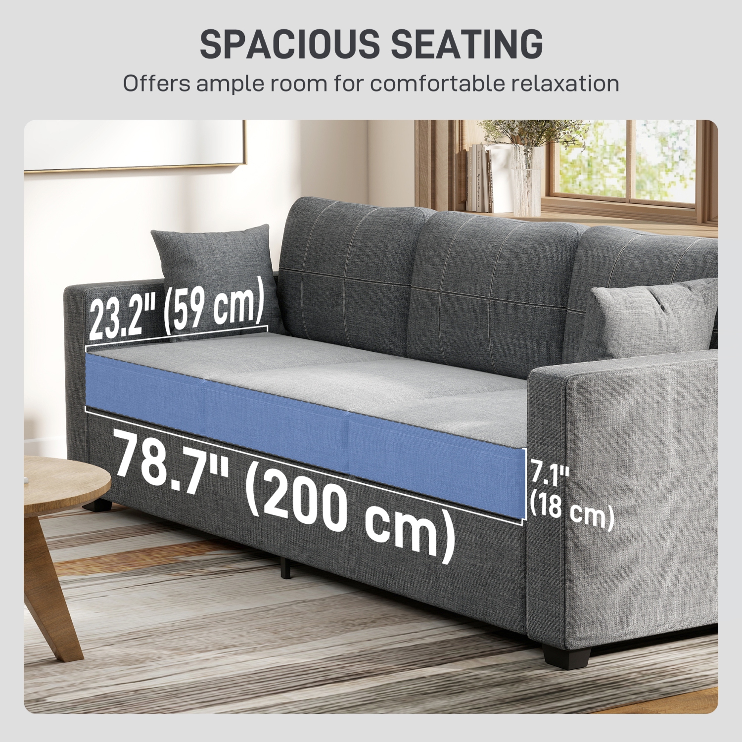 HOMCOM 3 Seater Sofa, 93" Modern Upholstered Linen-Look Couch with Deep Seat, Thick Padded and 2 Throw Pillows for Living Room, Bedroom, Home Office,