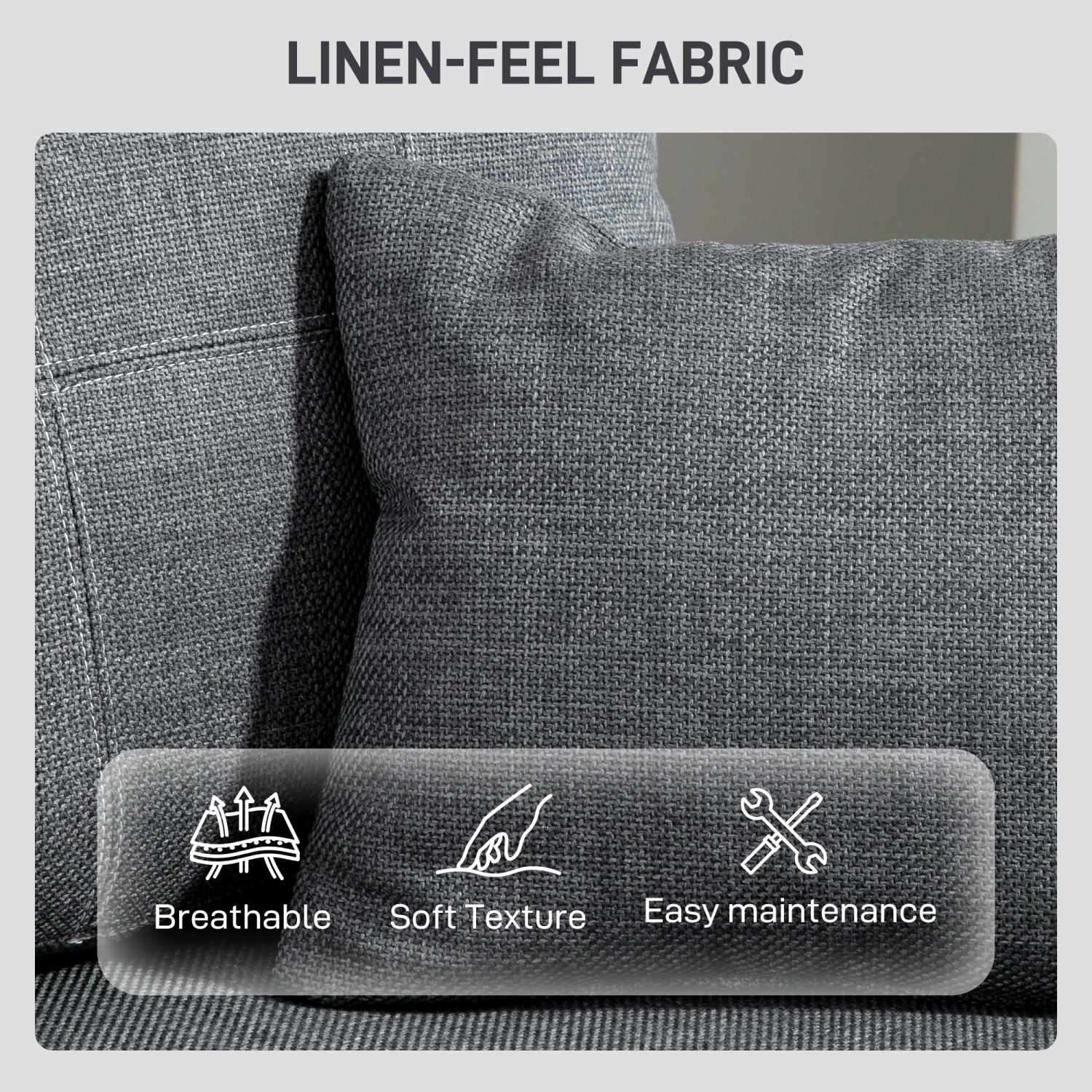 HOMCOM 3 Seater Sofa, 93" Modern Upholstered Linen-Look Couch with Deep Seat, Thick Padded and 2 Throw Pillows for Living Room, Bedroom, Home Office,