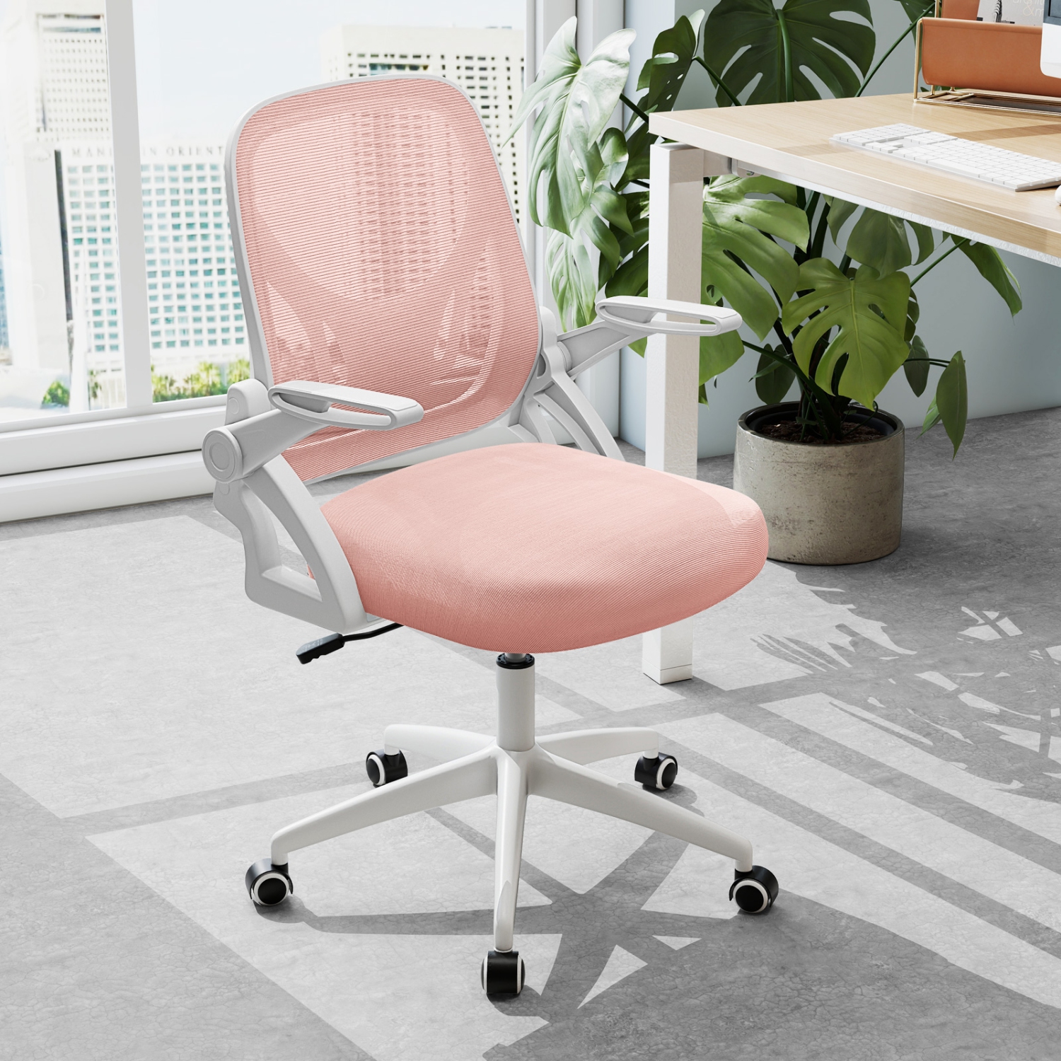 Fauteuil de bureau en filet avec soutien lombaire et accoudoirs rabattables à roulettes de Costway pour le travail rose/marine/noir/gris/vert/beige