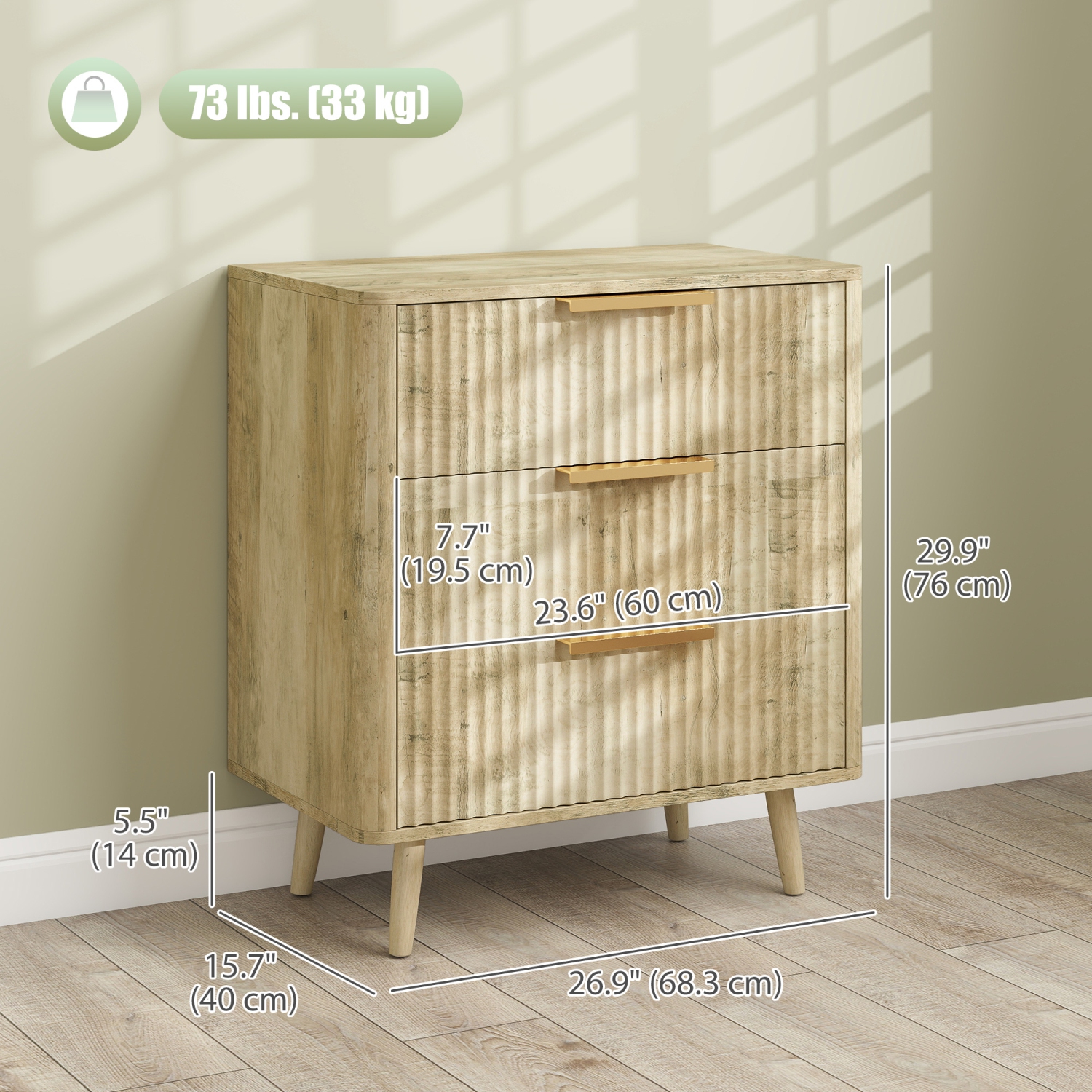 Commode HOMCOM avec 3 tiroirs, coffre de rangement compact et évasé avec pattes en bois massif et poignées pour salon, couloir, placard et chêne