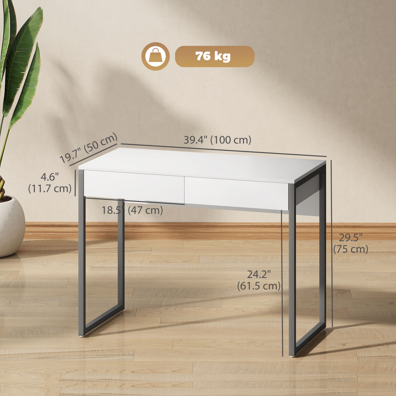 HOMCOM – Bureau d'ordinateur à lustre intense avec 2 tiroirs, bureau à domicile 39 x 20&nbsp;po pour petits espaces, table d'écriture moderne avec