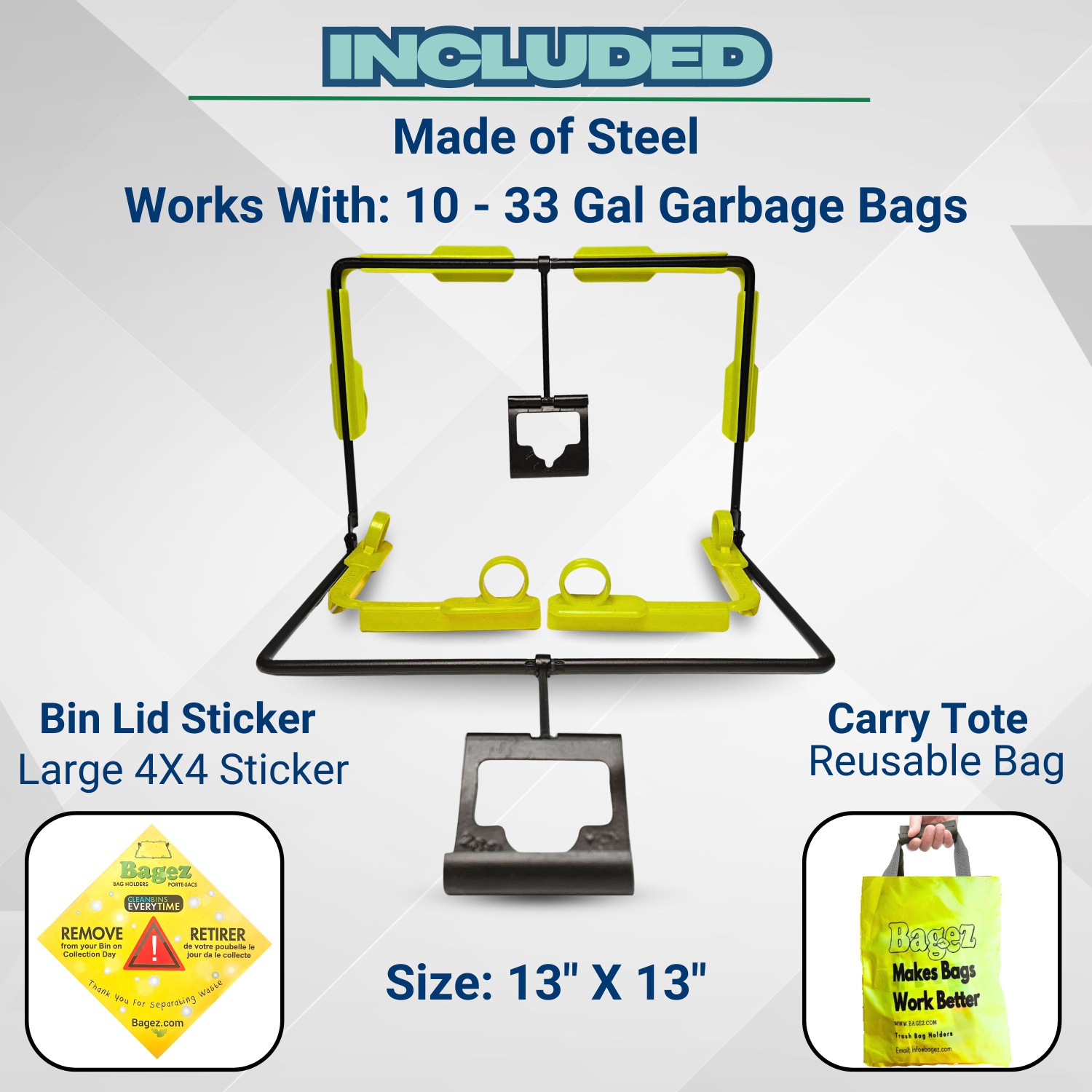 BagEZ Medium Garbage Can Bag Holder, 13x13 Inch, Fits 25–96 Gallon Bins, Compatible with 10–33 Gallon Liners, Prevents Waste Contact, for Bins with
