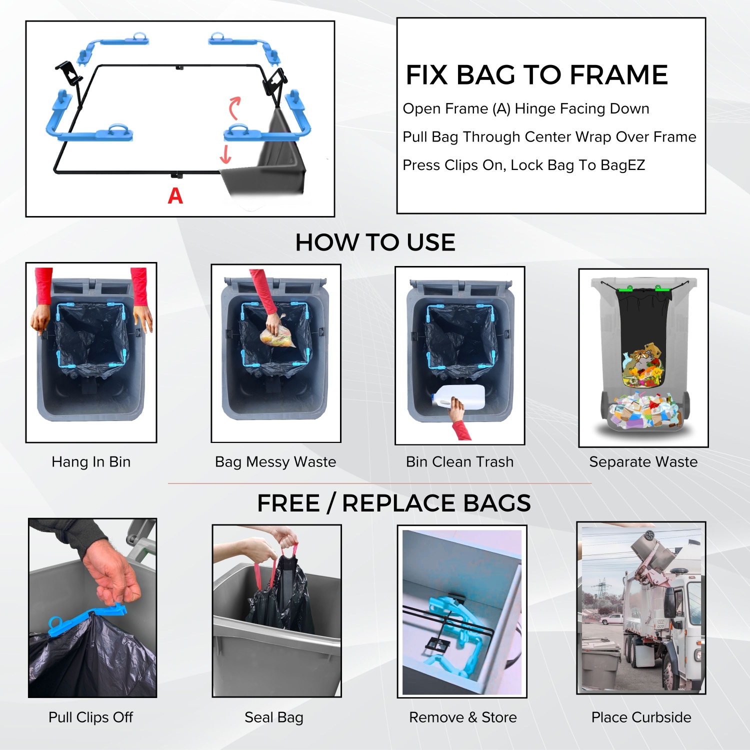 BagEZ Medium Garbage Can Bag Holder, 13x13 Inch, Fits 25–96 Gallon Bins, Compatible with 10–33 Gallon Liners, Prevents Waste Contact, for Bins with