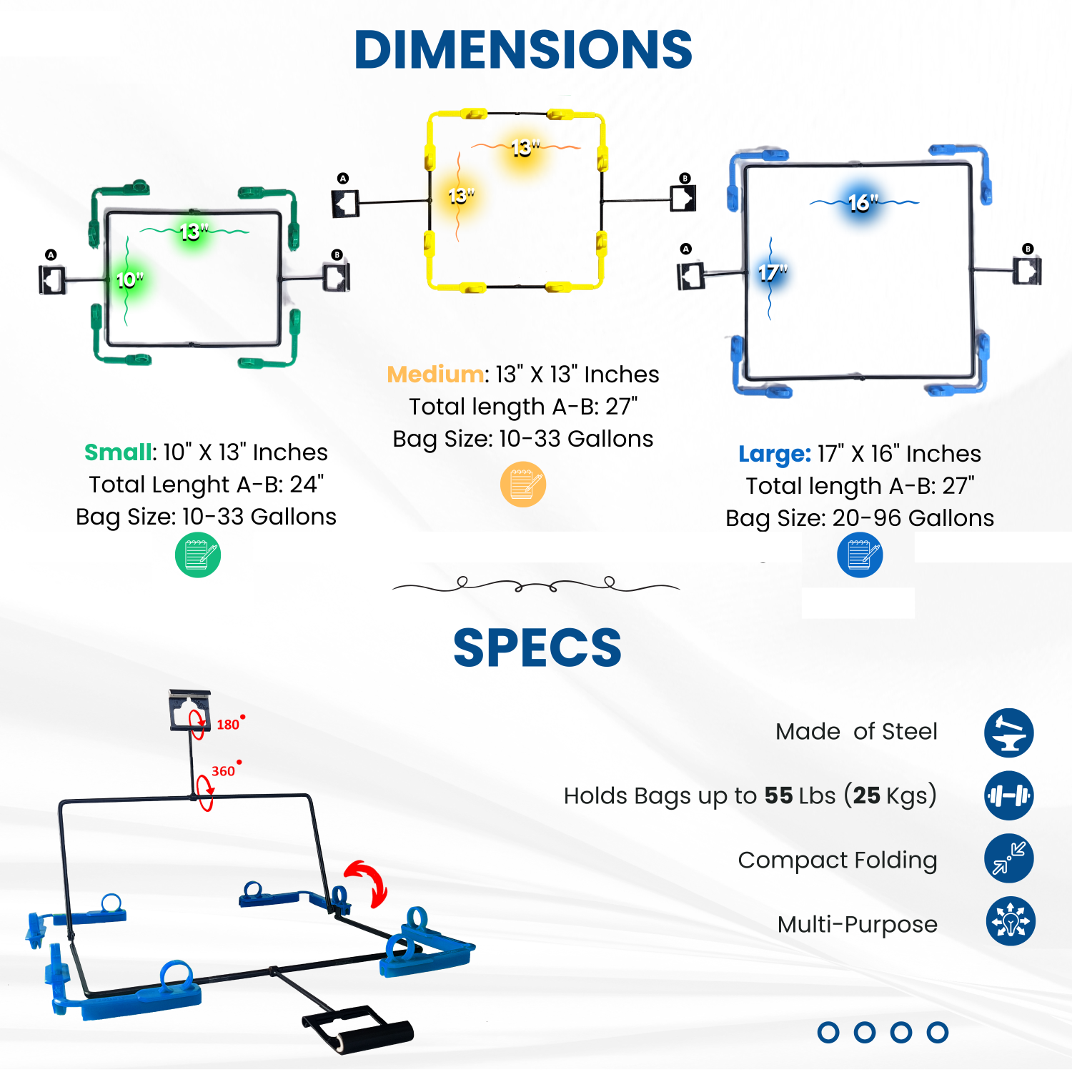 BagEZ Medium Garbage Can Bag Holder, 13x13 Inch, Fits 25–96 Gallon Bins, Compatible with 10–33 Gallon Liners, Prevents Waste Contact, for Bins with