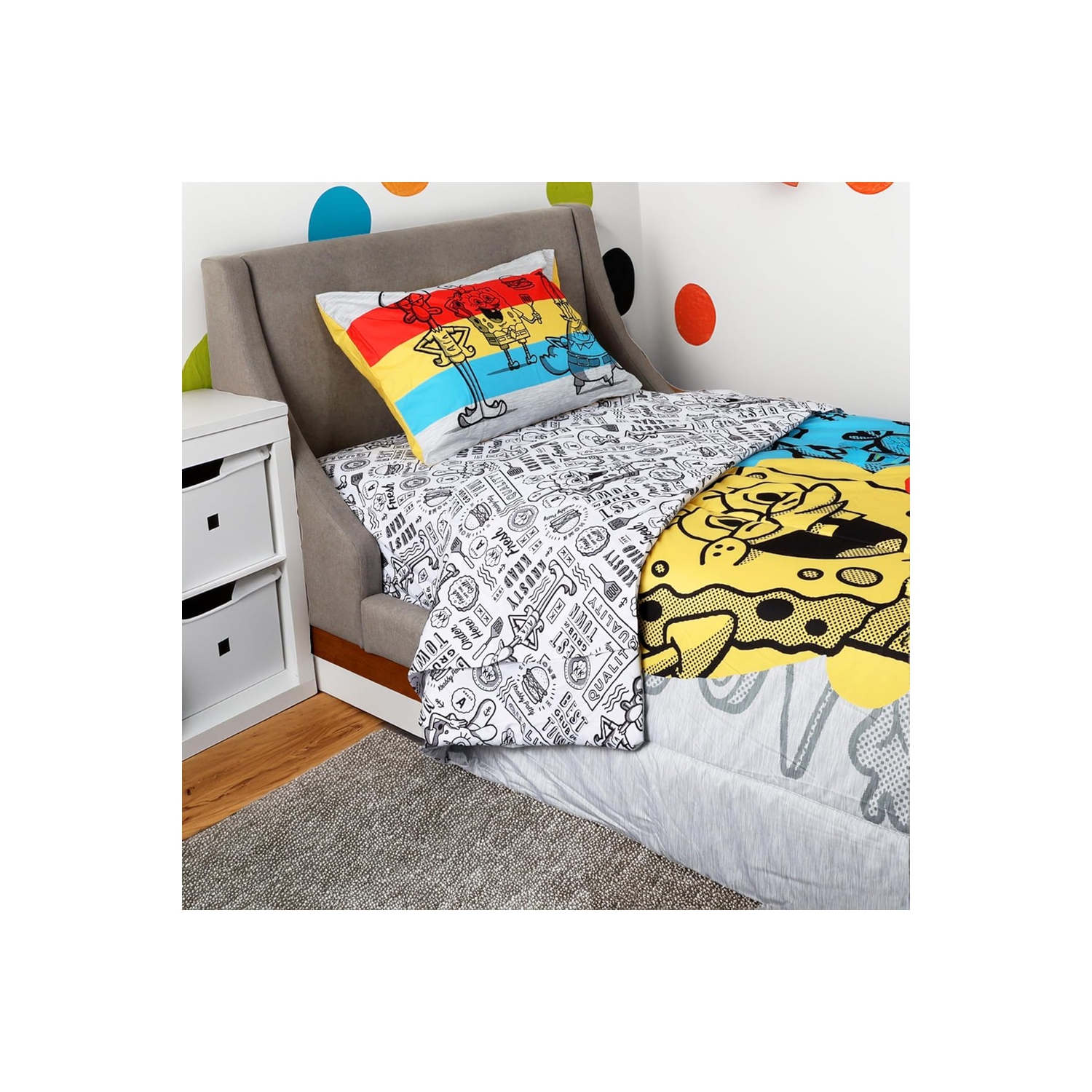 Ensemble de literie pour lit simple SpongeBob Squarepants – Ensemble 4 pièces pour enfants avec couvre-lit, drap-housse, drap plat et taie d'oreiller