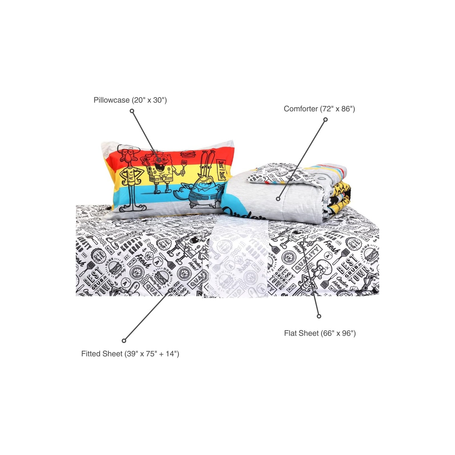 Ensemble de literie pour lit simple SpongeBob Squarepants – Ensemble 4 pièces pour enfants avec couvre-lit, drap-housse, drap plat et taie d'oreiller