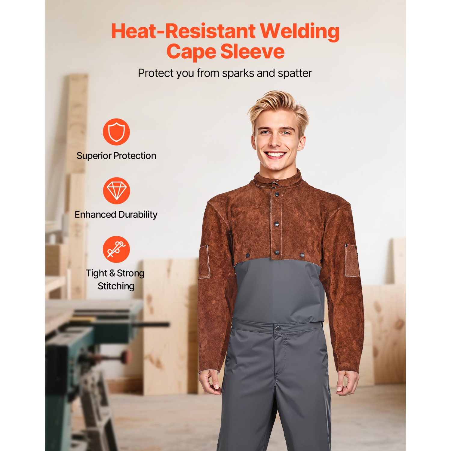 VEVOR XXL-Size Leather Welding Cape Sleeve, Heavy Duty Flame Resistant Cowhide Safety Cape Sleeves for Men Women, Heat-Resistant for Welding,