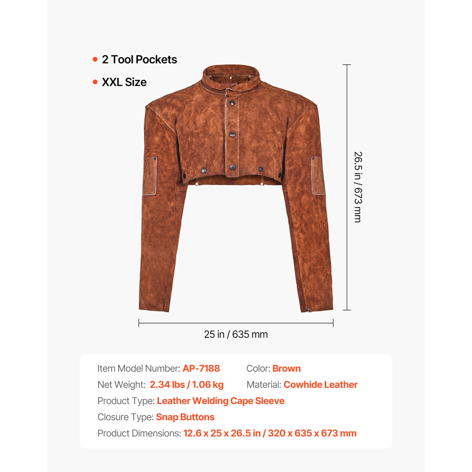 VEVOR XXL-Size Leather Welding Cape Sleeve, Heavy Duty Flame Resistant Cowhide Safety Cape Sleeves for Men Women, Heat-Resistant for Welding,