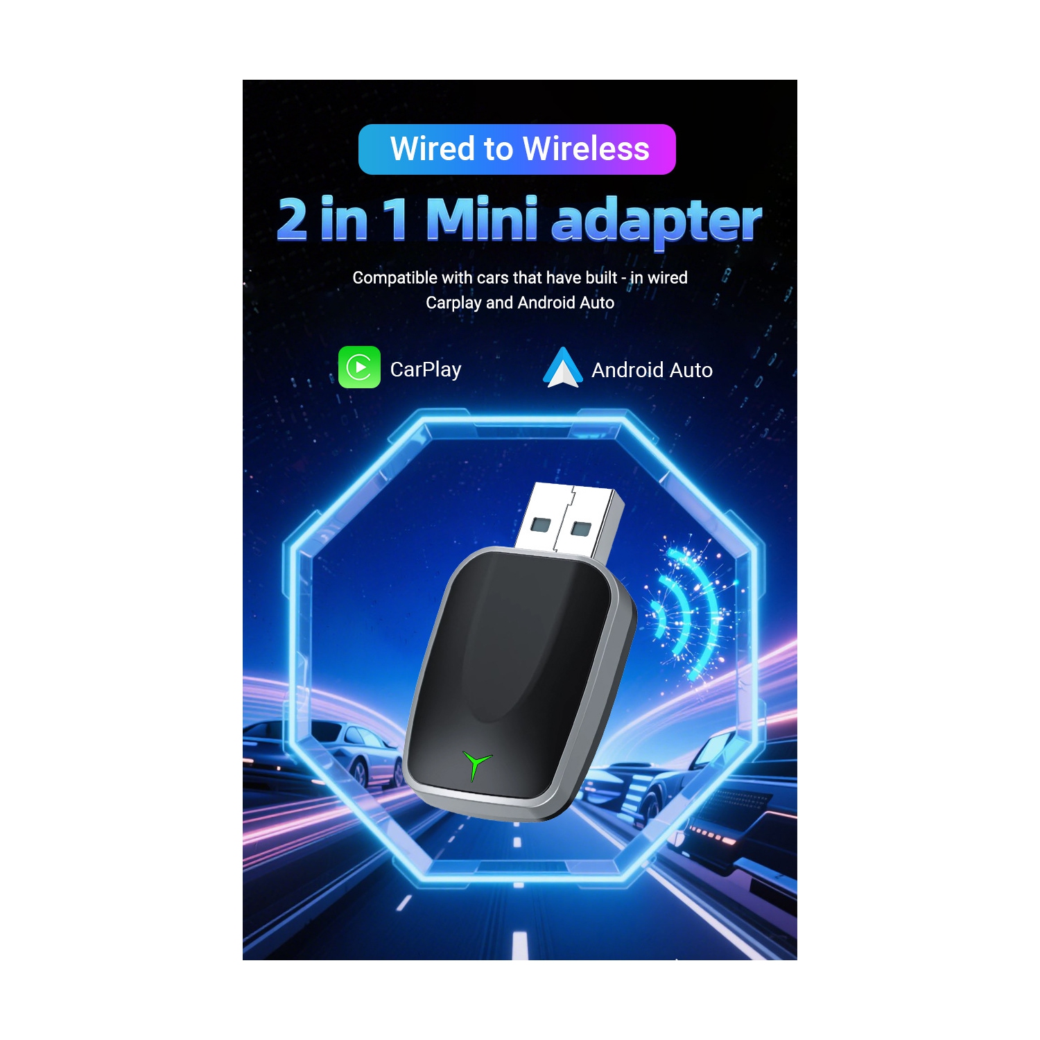 Adaptateur sans fil CarPlay Bluetooth 5,0 Connexion automatique avec fil à sans fil Plug and Play Compatible avec Apple et Android
