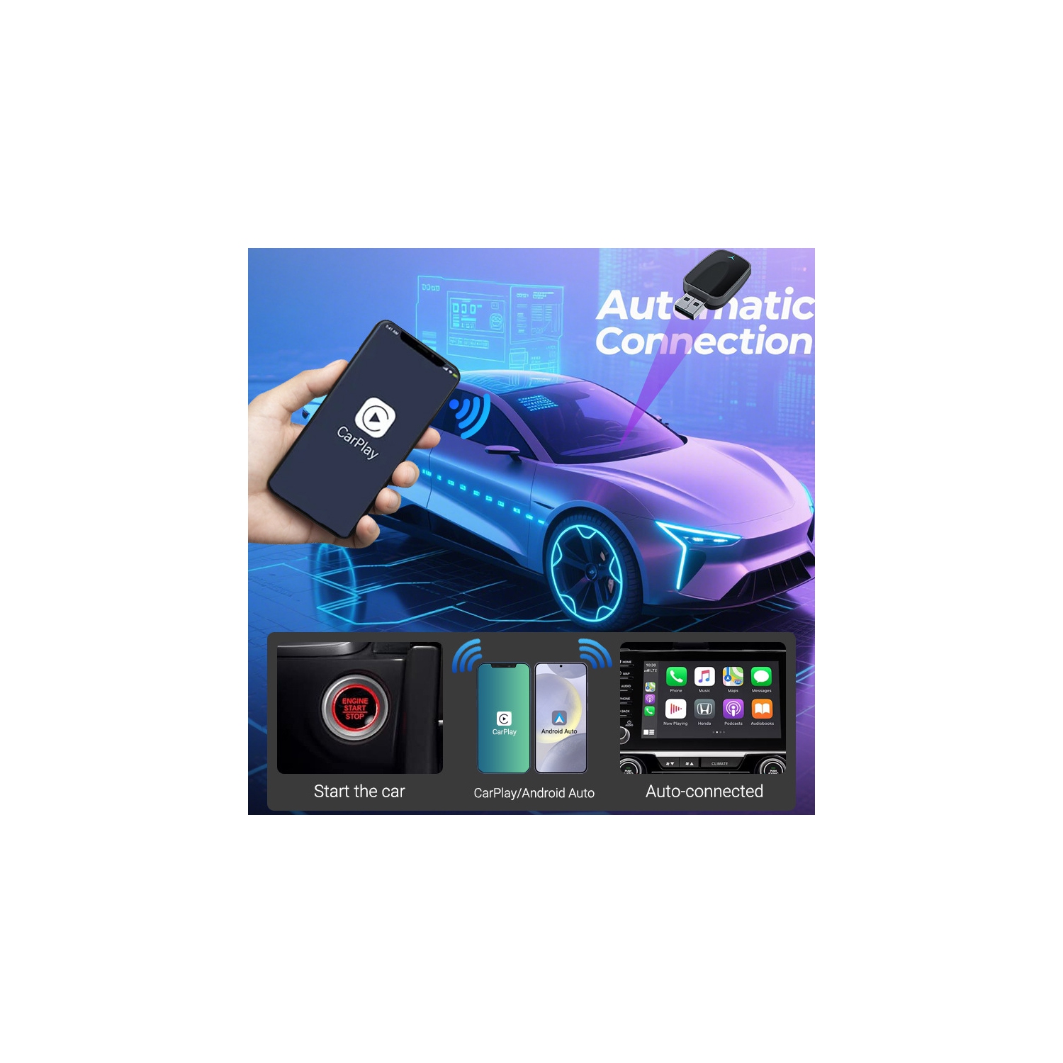 Adaptateur sans fil CarPlay Bluetooth 5,0 Connexion automatique avec fil à sans fil Plug and Play Compatible avec Apple et Android