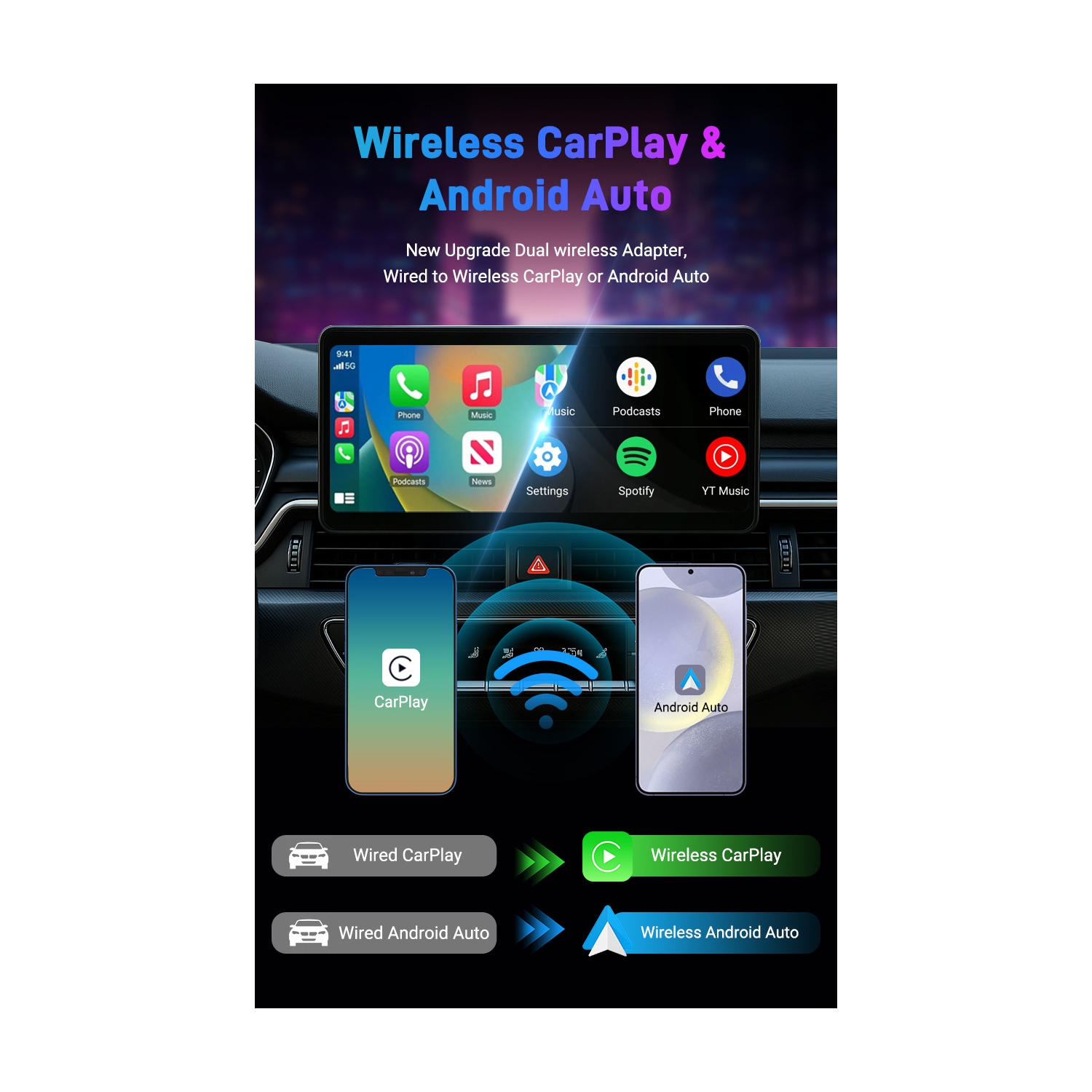 Adaptateur sans fil CarPlay Bluetooth 5,0 Connexion automatique avec fil à sans fil Plug and Play Compatible avec Apple et Android