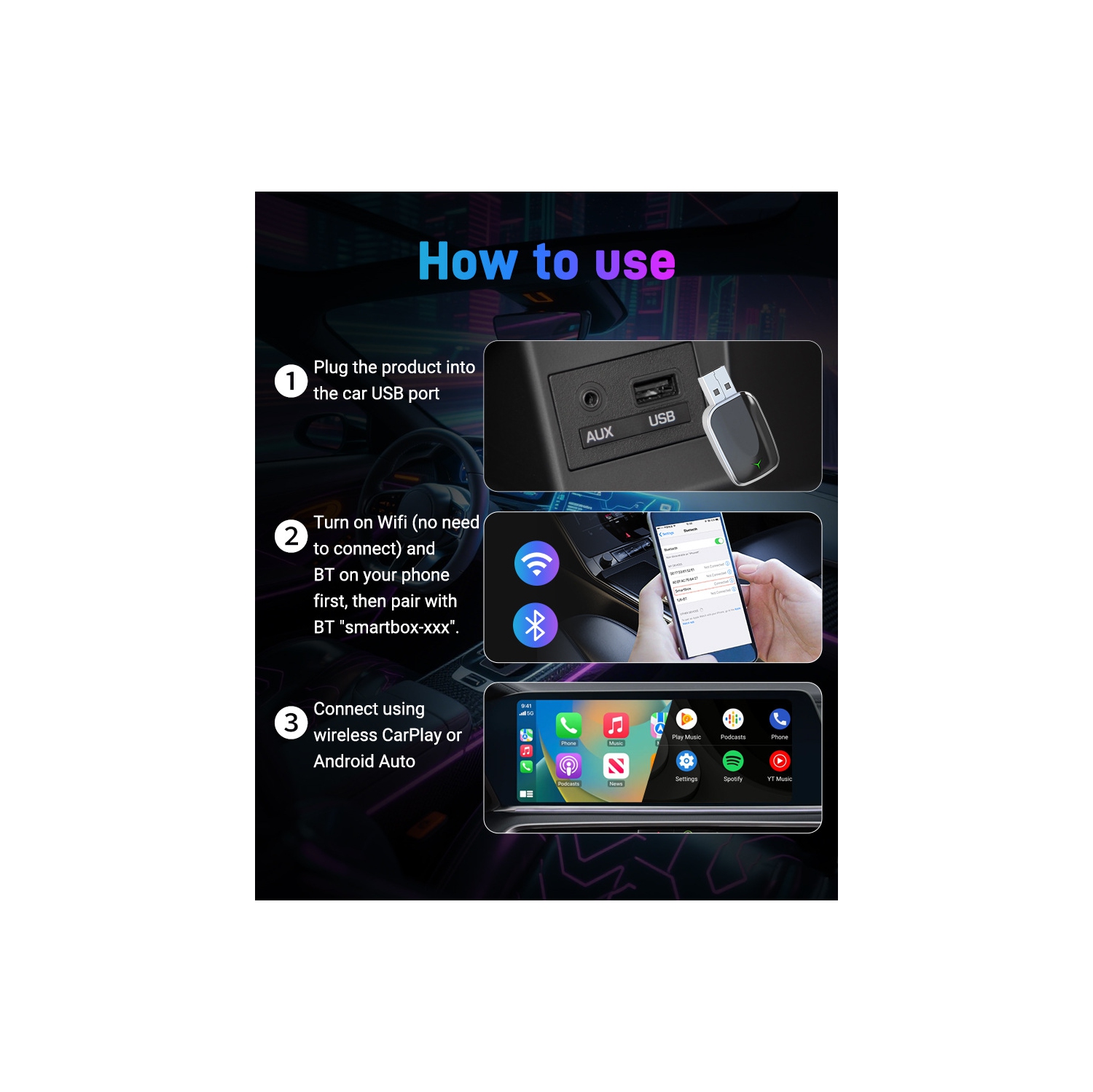 Adaptateur sans fil CarPlay Bluetooth 5,0 Connexion automatique avec fil à sans fil Plug and Play Compatible avec Apple et Android