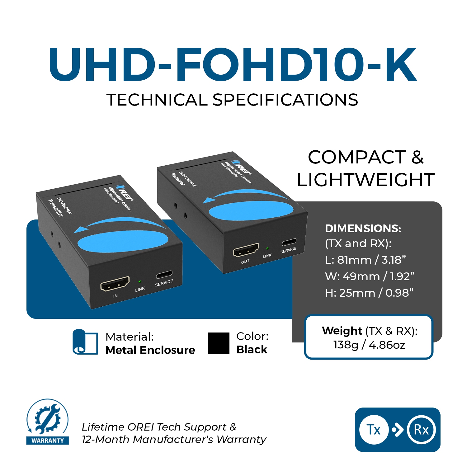 Prolongateur HDMI™ OREI 4K@60 Hz - 10 km (UHD-FOHD10-K)
