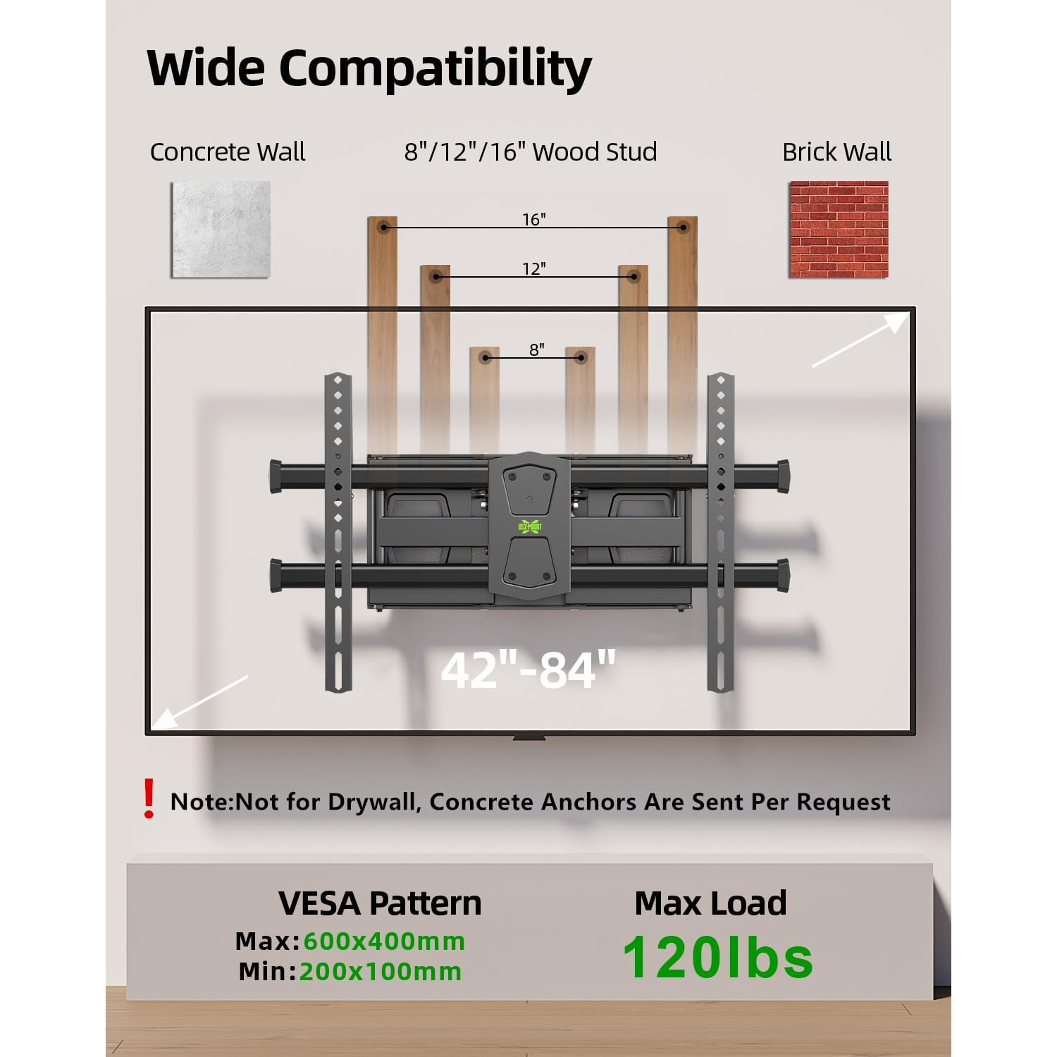 USX MOUNT Full Motion TV Wall Mount for 42"-84" TVs, Swivel and Tilt TV Mount, with Articulating 6 Arms, Max VESA 600x400mm, 120 lbs, 16" Wood Studs