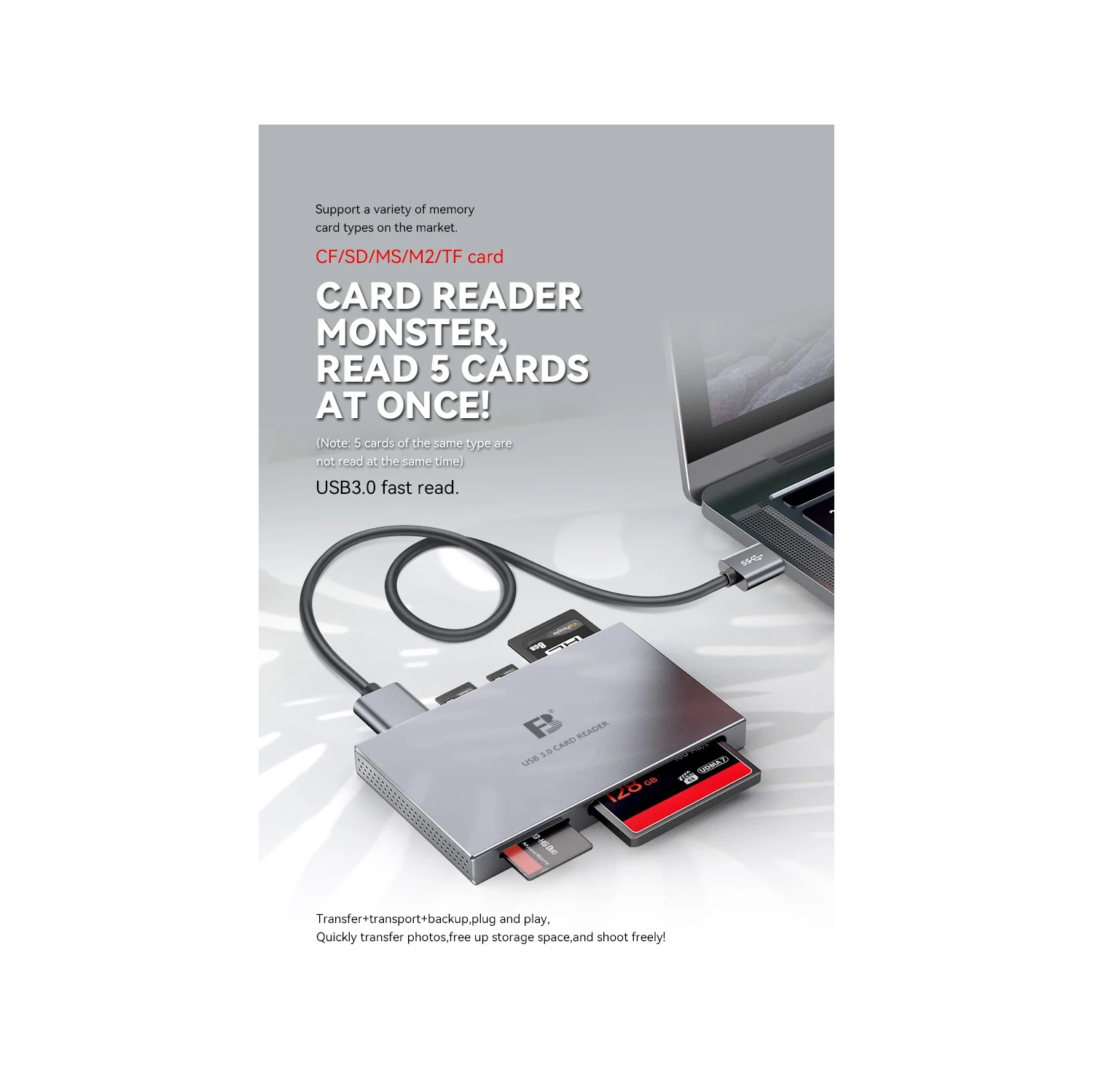 5-in-1 card reader computer USB3.0 can read CF SD TF MS M2, suitable for mobile phones/cameras/tablets