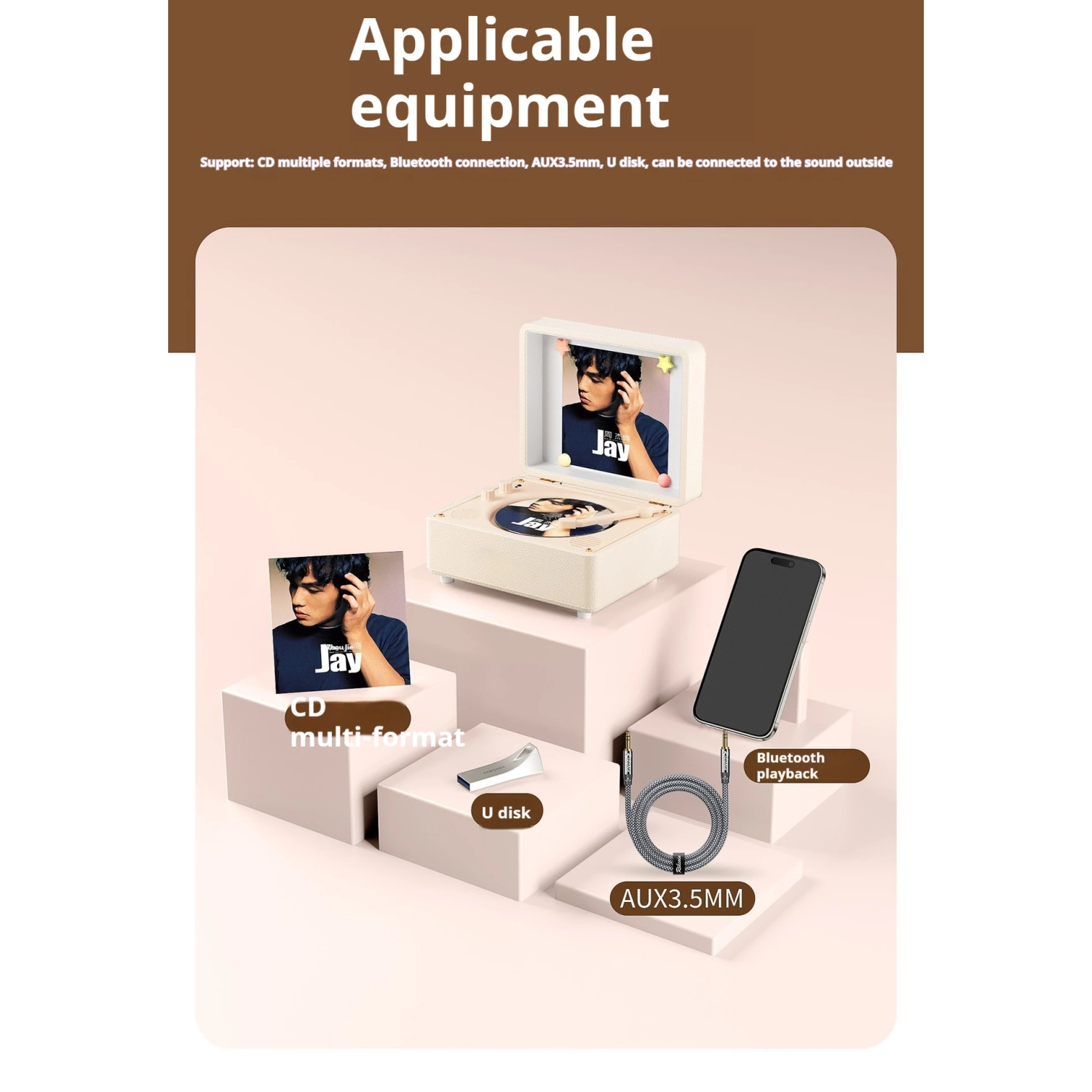 Retro CD Player Pink Leather Creative Album Disc Bluetooth Speaker for Speaker Playback and Album Disc Playback - Black