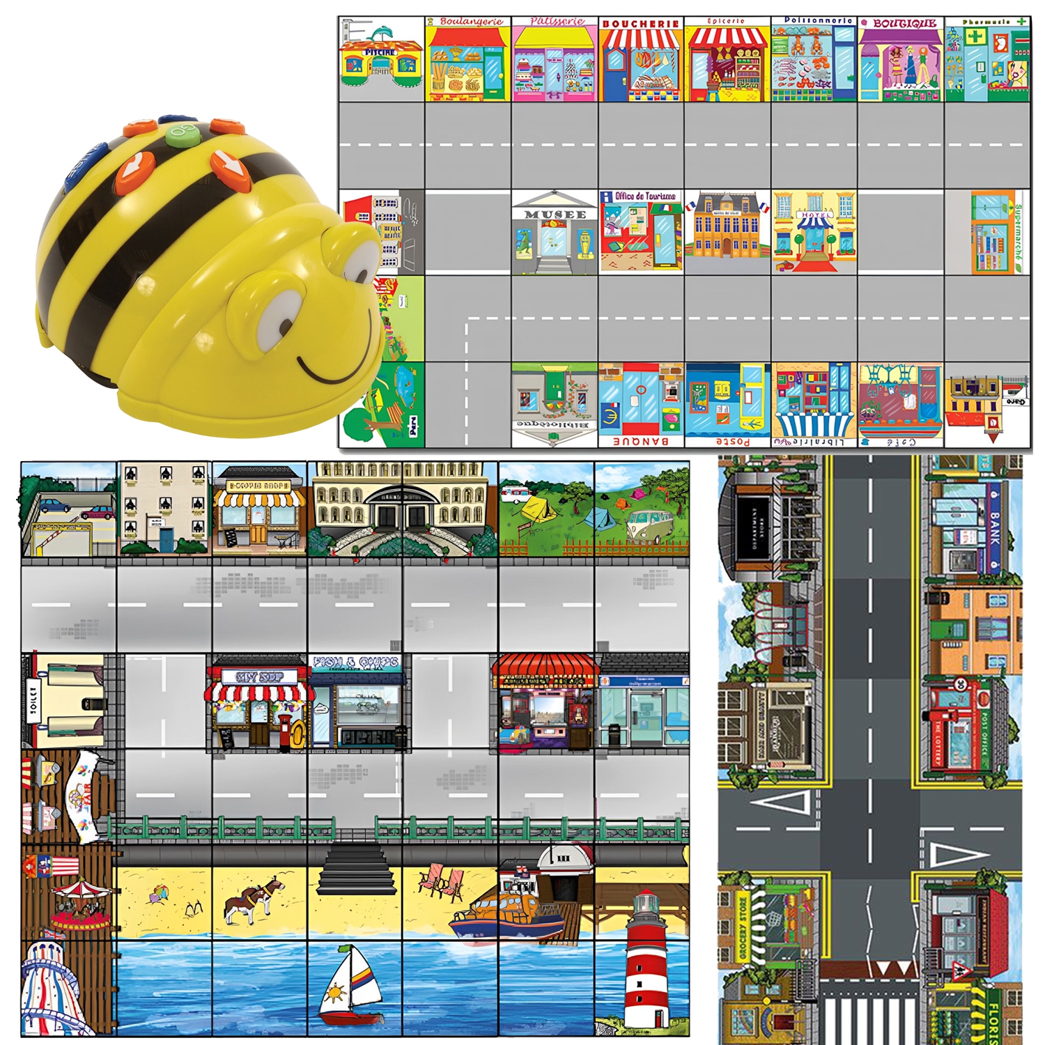 Ensemble robot programmable See & Say Bee-Bot avec 3 tapis d'activité&nbsp;: Bord de mer, ville française et rue occupée - Jouet de programmation