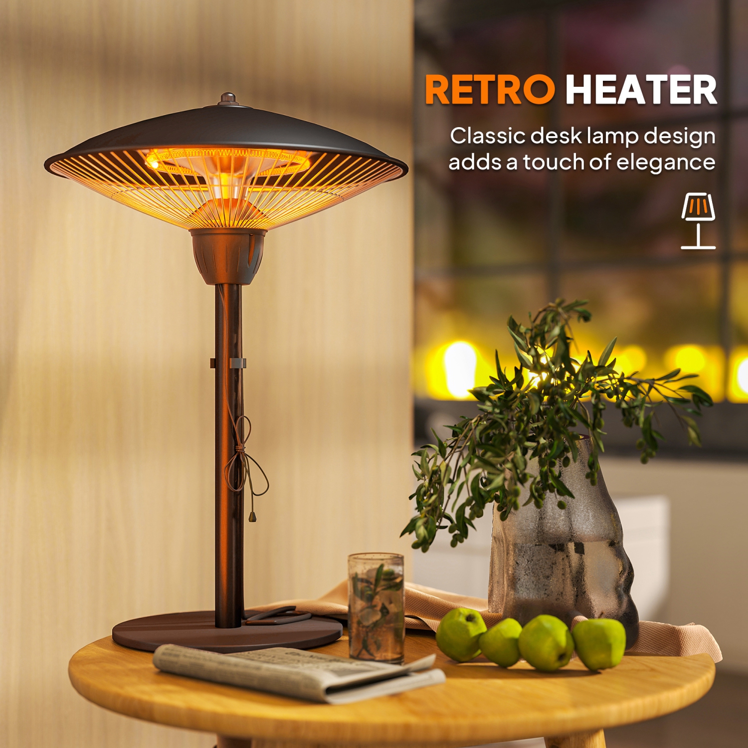 Outsunny 1500 W Electric Patio Heater with Tip-Over Protection, IP44 Outdoor Heater with Retro Desk Lamp Design, Pull Switch for Garden, Gazebo,