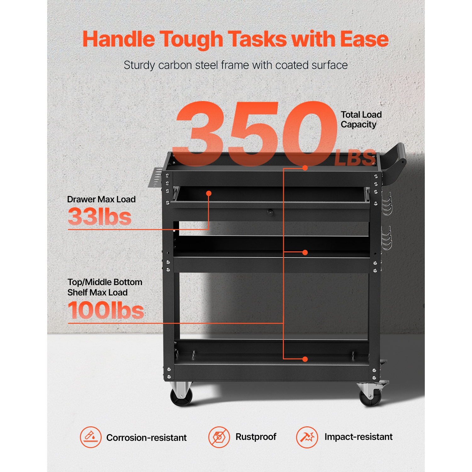 VEVOR 4-Tier Tool Cart with Wheels, 350 lbs Load Capacity, Rolling Work Cart with Drawer & Pegboard, Mechanic Tool Storage Organizer with Locking