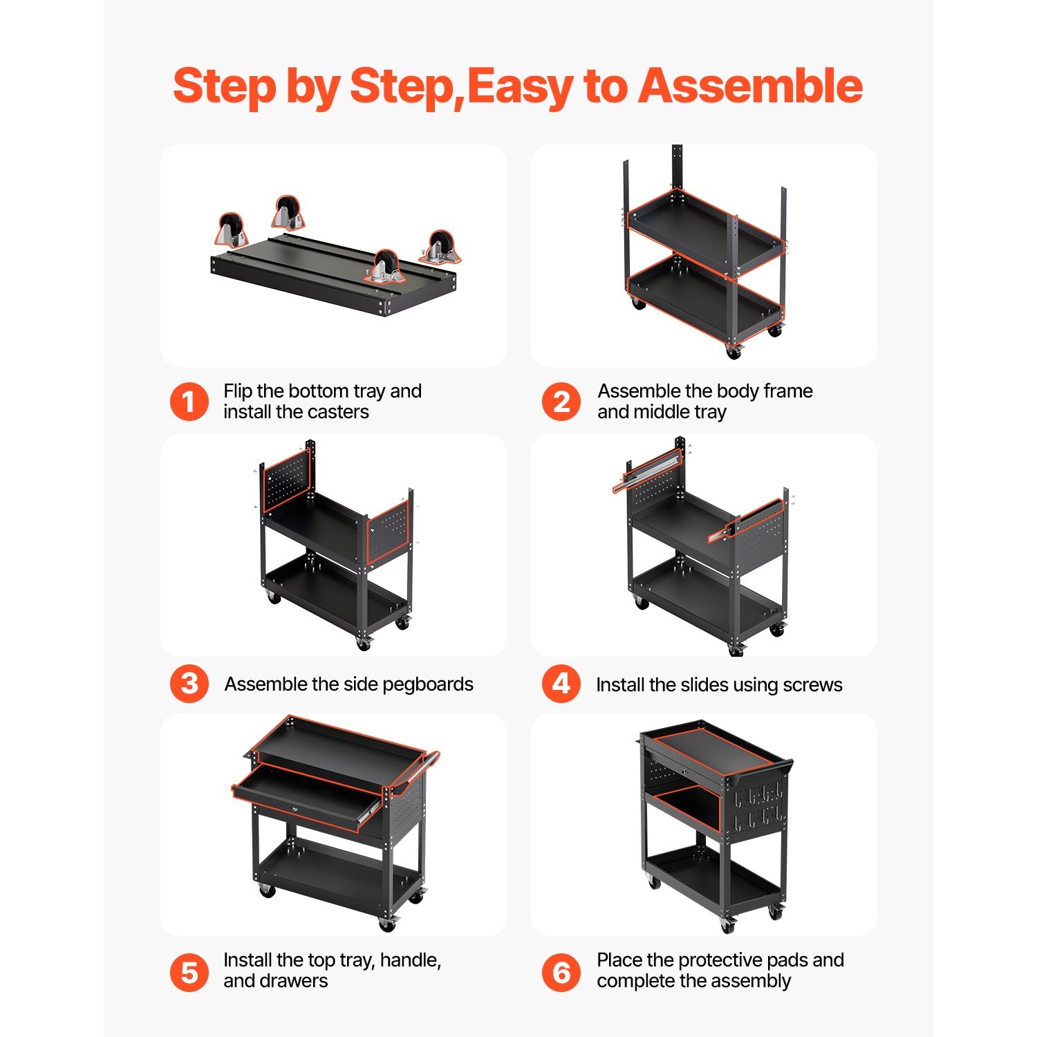 VEVOR 4-Tier Tool Cart with Wheels, 350 lbs Load Capacity, Rolling Work Cart with Drawer & Pegboard, Mechanic Tool Storage Organizer with Locking