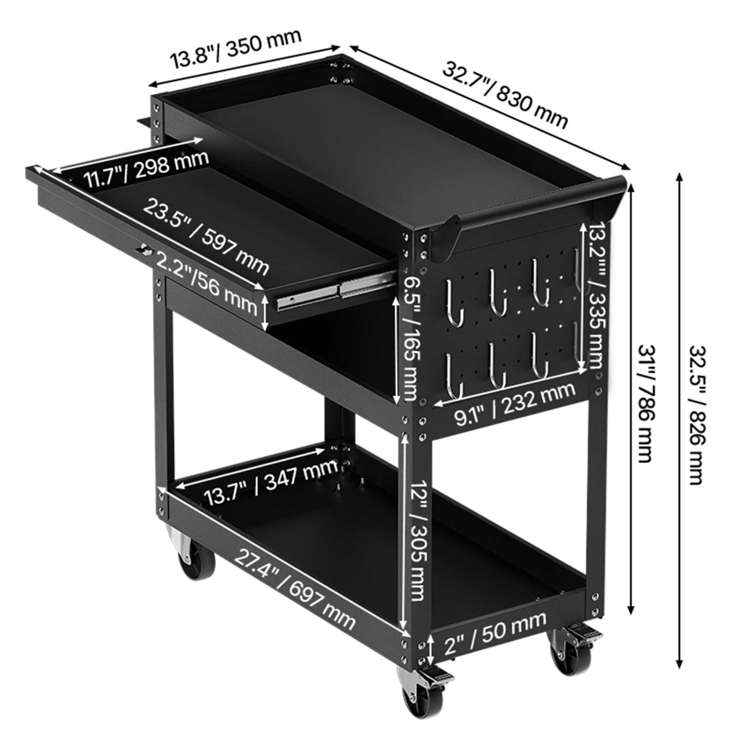VEVOR 4-Tier Tool Cart with Wheels, 350 lbs Load Capacity, Rolling Work Cart with Drawer & Pegboard, Mechanic Tool Storage Organizer with Locking