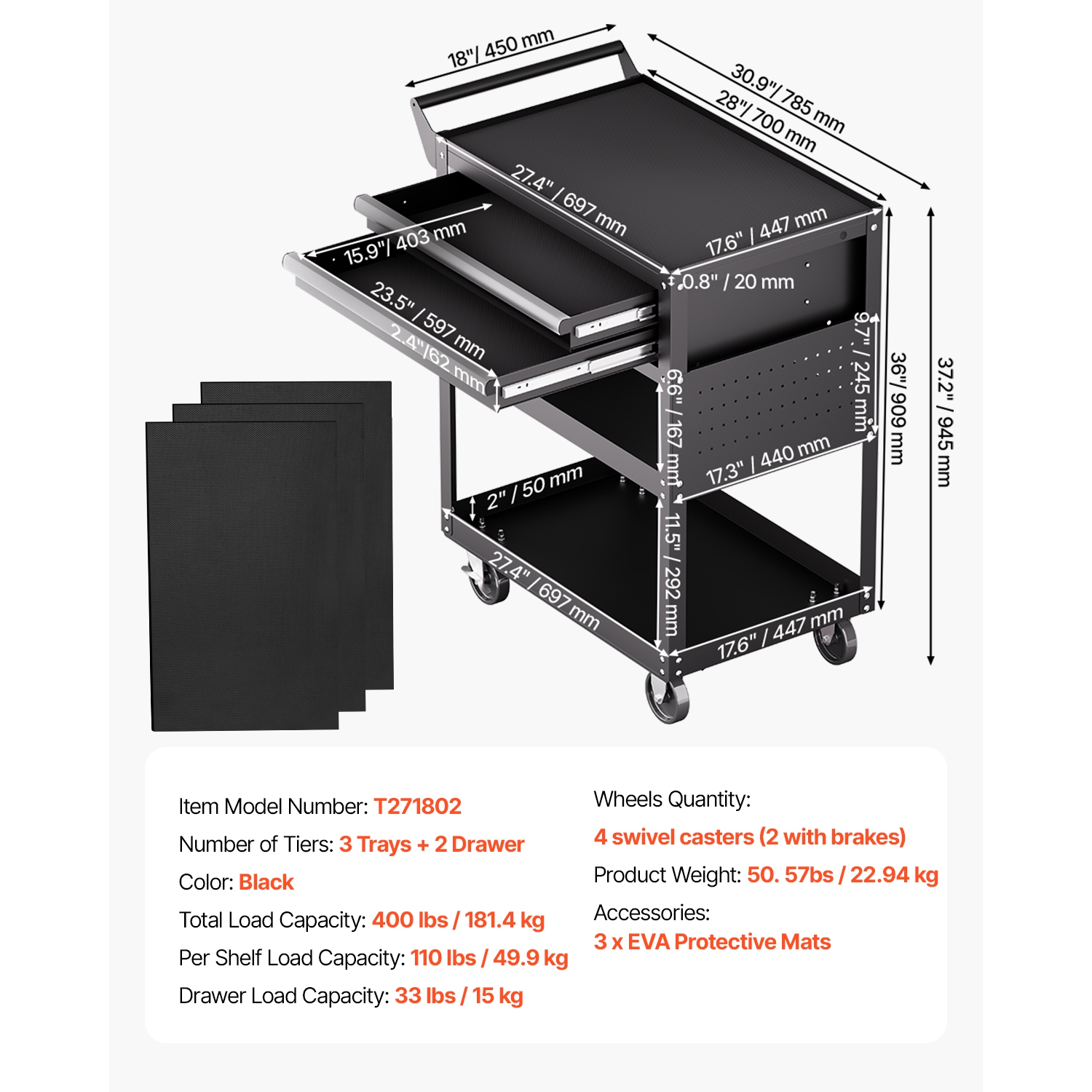 VEVOR 5-Tier Tool Cart with Wheels, 400 lbs Load Capacity, Rolling Work Cart with 2 Drawers & Pegboard, Mechanic Tool Storage Organizer with Locking