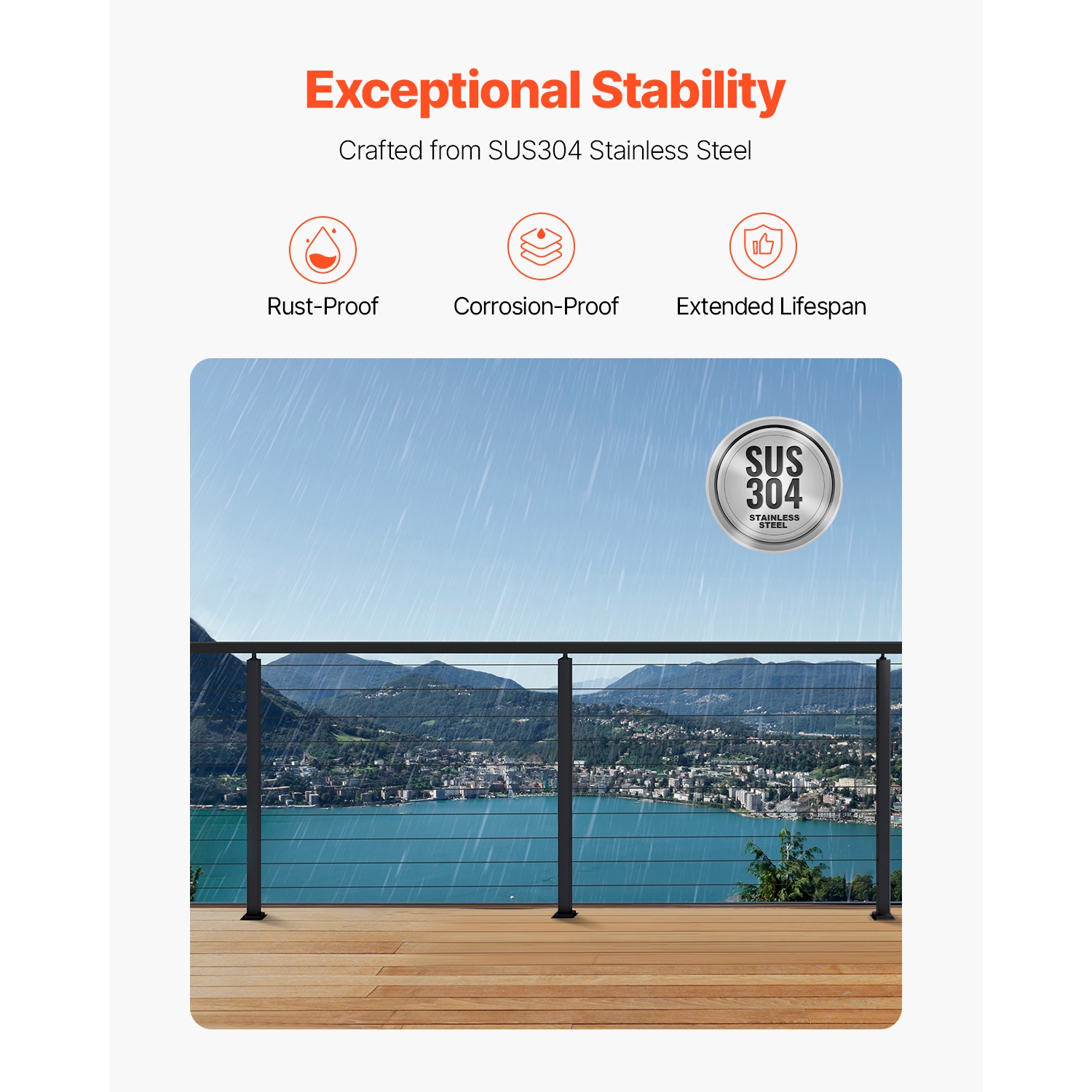 VEVOR 4-Pack Cable Railing Post, 36x1x2 In Horizontal-Hole Deck Railing Post with Pre-Drilled Holes, Stainless Steel Cable Rail Post with Horizontal