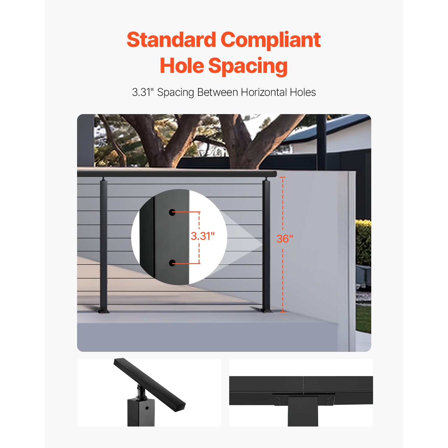 VEVOR 4-Pack Cable Railing Post, 36x1x2 In Horizontal-Hole Deck Railing Post with Pre-Drilled Holes, Stainless Steel Cable Rail Post with Horizontal