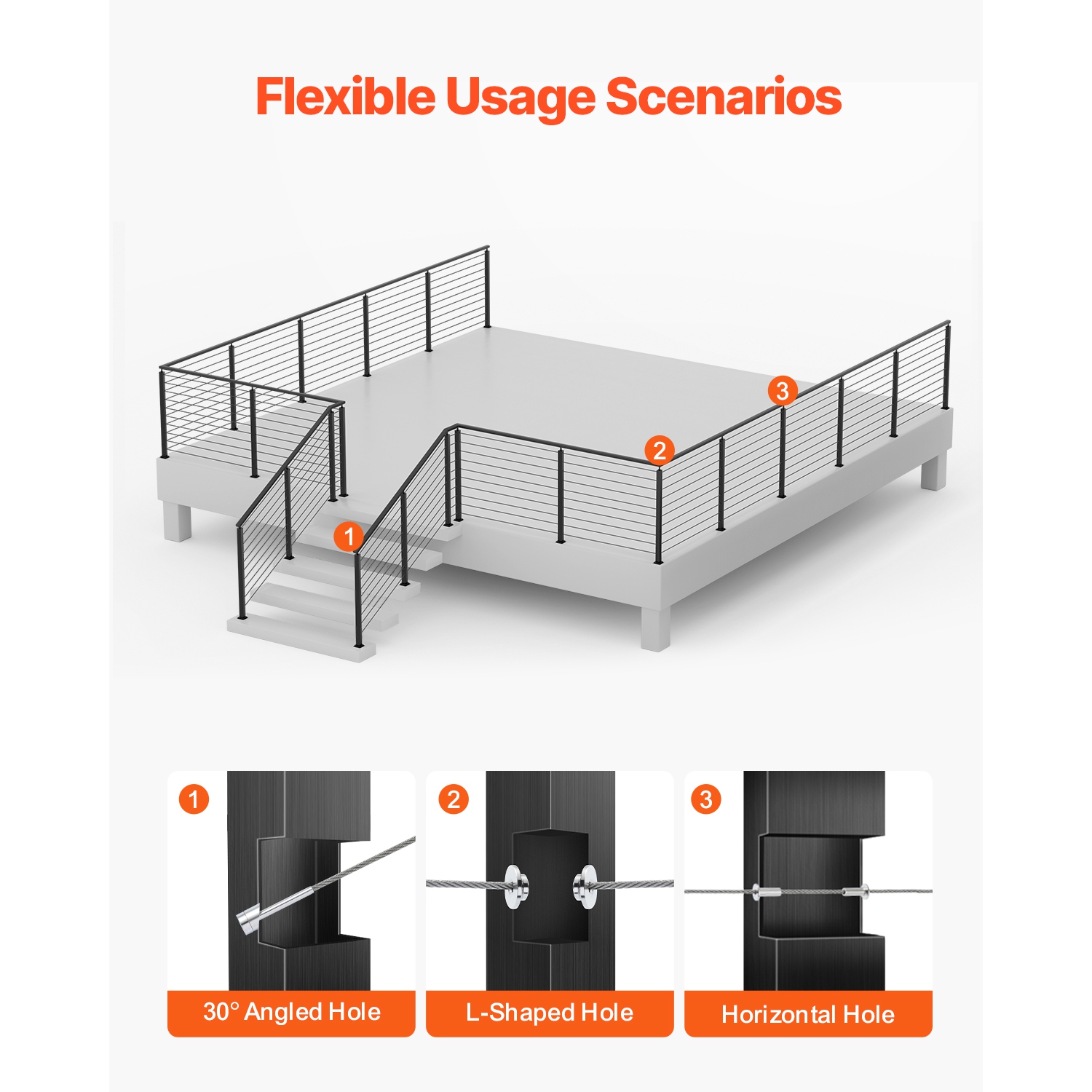 VEVOR 4-Pack Cable Railing Post, 36x1x2 In Horizontal-Hole Deck Railing Post with Pre-Drilled Holes, Stainless Steel Cable Rail Post with Horizontal