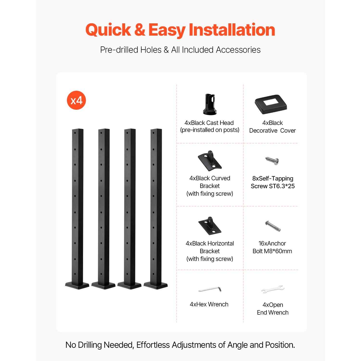 VEVOR 4-Pack Cable Railing Post, 36x1x2 In Horizontal-Hole Deck Railing Post with Pre-Drilled Holes, Stainless Steel Cable Rail Post with Horizontal