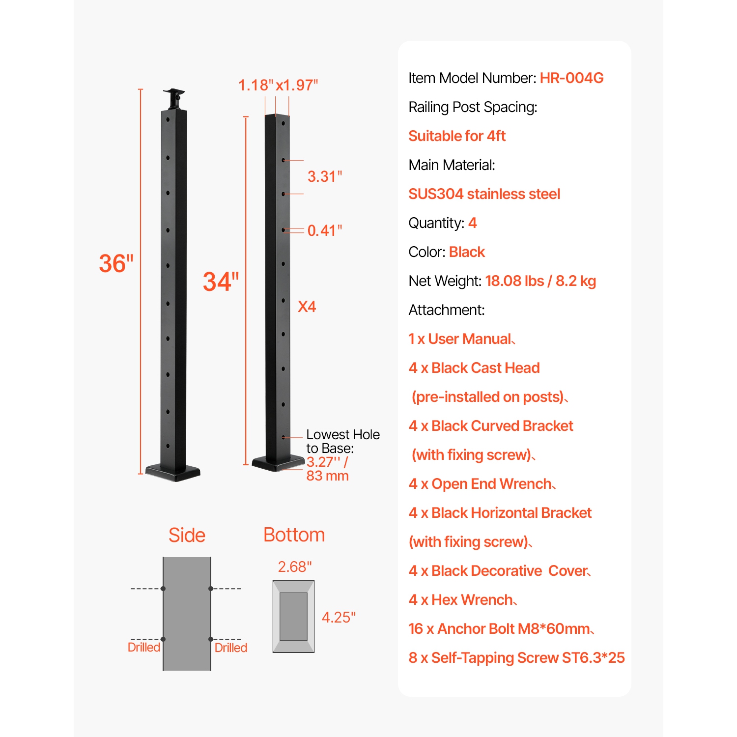 VEVOR 4-Pack Cable Railing Post, 36x1x2 In Horizontal-Hole Deck Railing Post with Pre-Drilled Holes, Stainless Steel Cable Rail Post with Horizontal