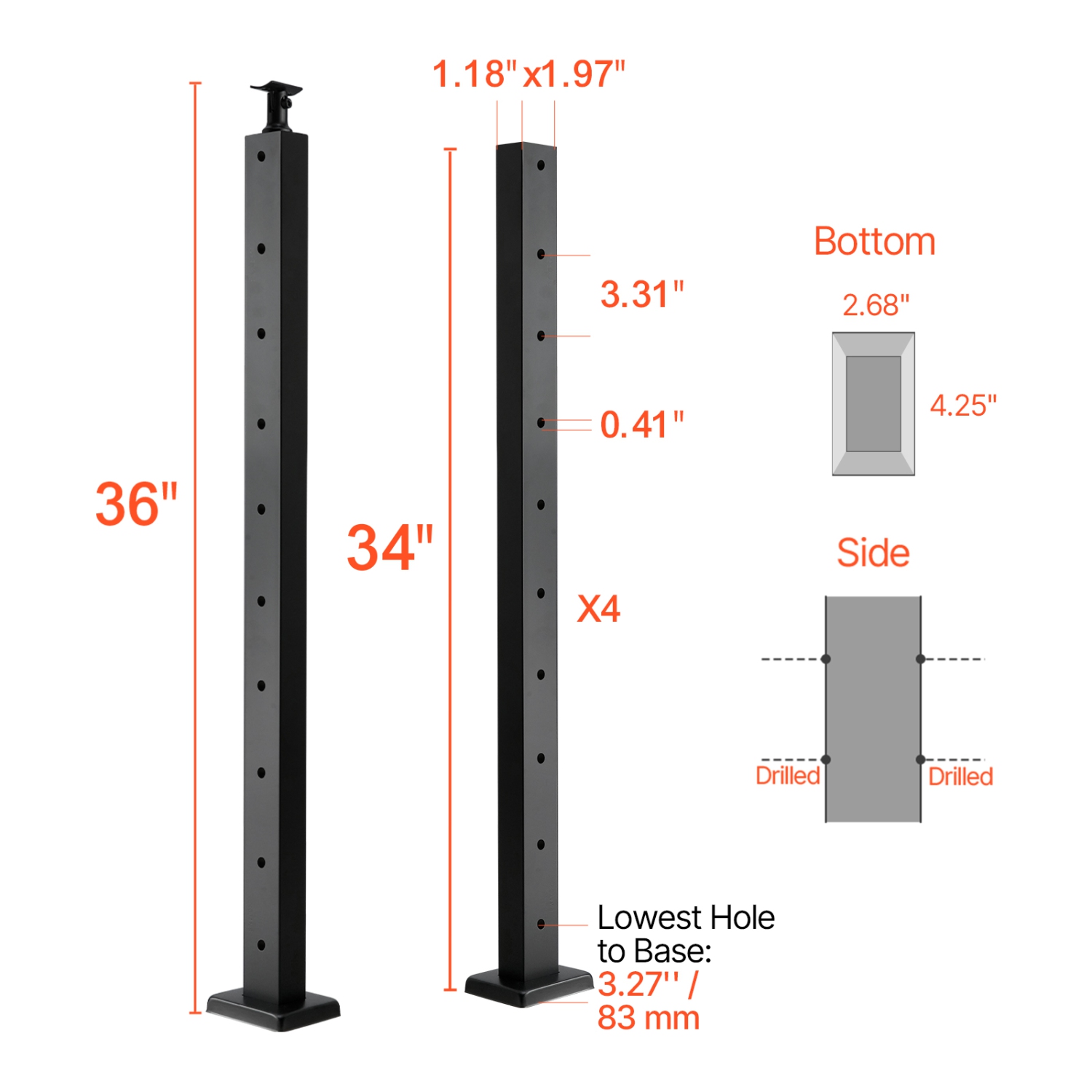 VEVOR 4-Pack Cable Railing Post, 36x1x2 In Horizontal-Hole Deck Railing Post with Pre-Drilled Holes, Stainless Steel Cable Rail Post with Horizontal