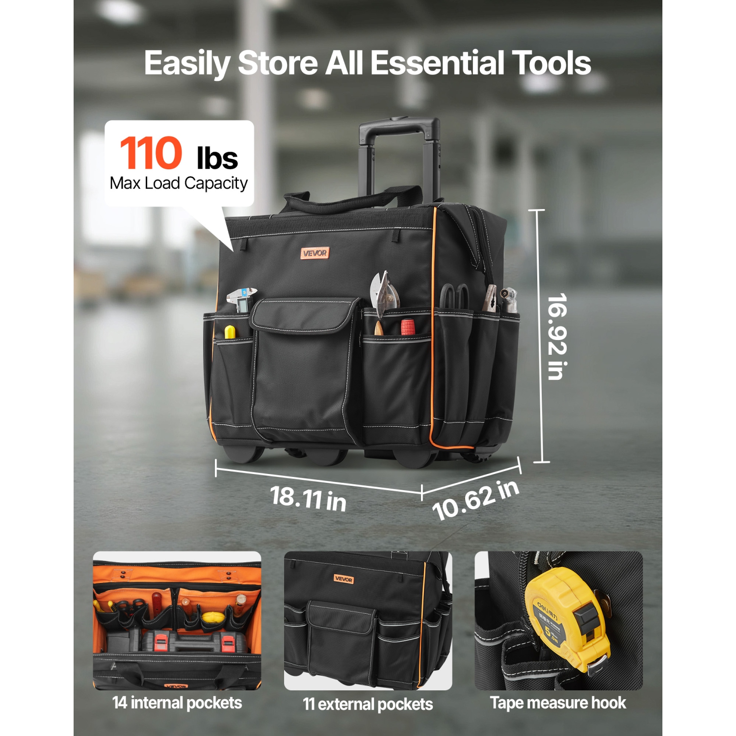 VEVOR Rolling Tool Bag,110 lbs Load Capacity,25 Pockets Heavy Duty Roller Tool Bag with Adjustable Telescoping Handle & Stable Base, Toolbag
