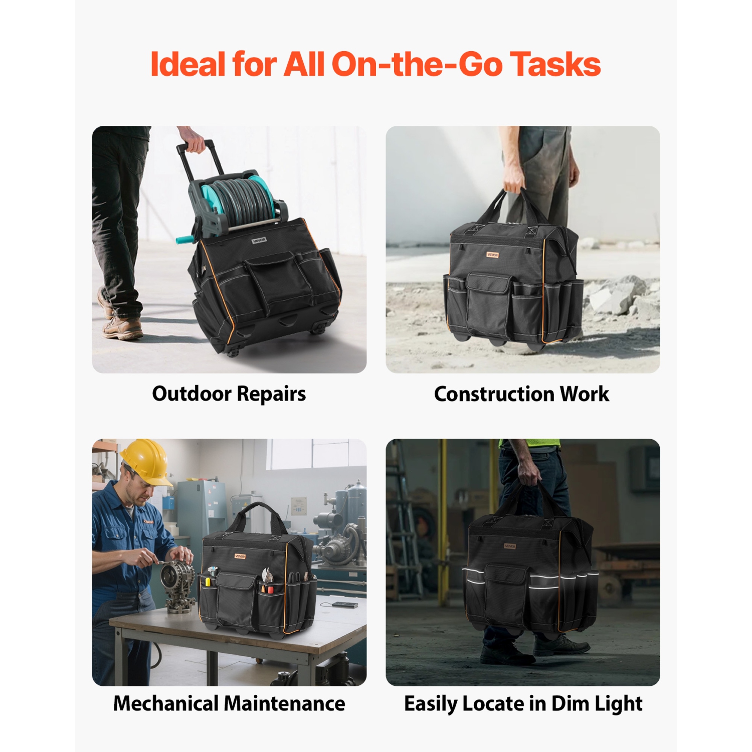 VEVOR Rolling Tool Bag,110 lbs Load Capacity,25 Pockets Heavy Duty Roller Tool Bag with Adjustable Telescoping Handle & Stable Base, Toolbag