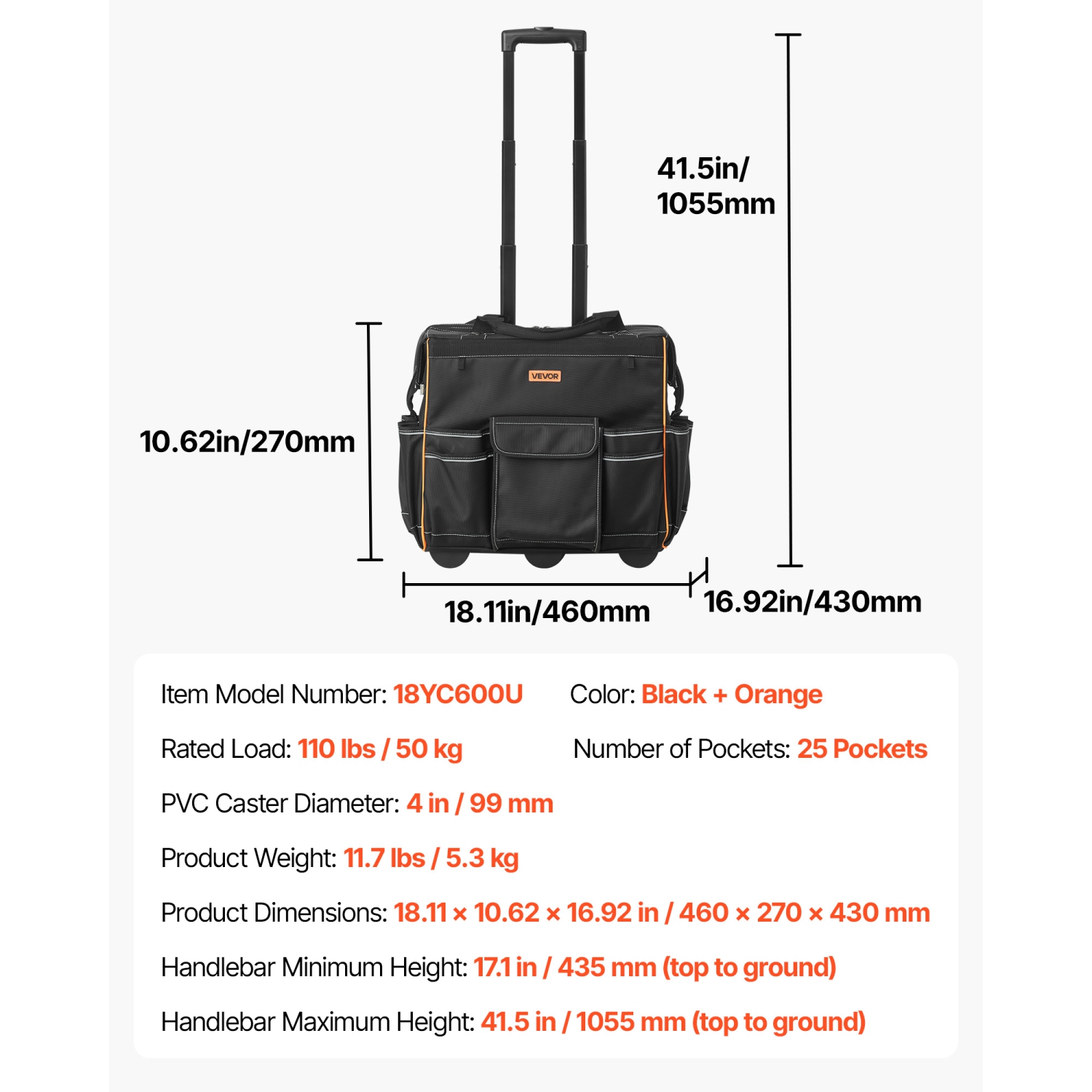 VEVOR Rolling Tool Bag,110 lbs Load Capacity,25 Pockets Heavy Duty Roller Tool Bag with Adjustable Telescoping Handle & Stable Base, Toolbag