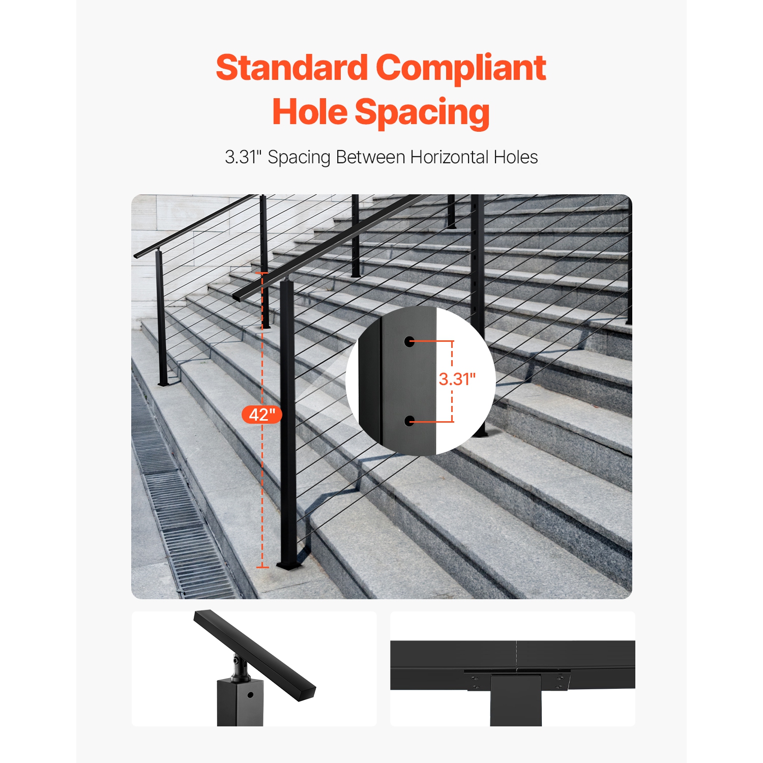 VEVOR 42x2x2 Inch Cable Railing Post, Stair Railing Post, with Pre-Drilled 30° Angled Holes, Stainless Steel Cable Rail Post , 1-Pack, Black,