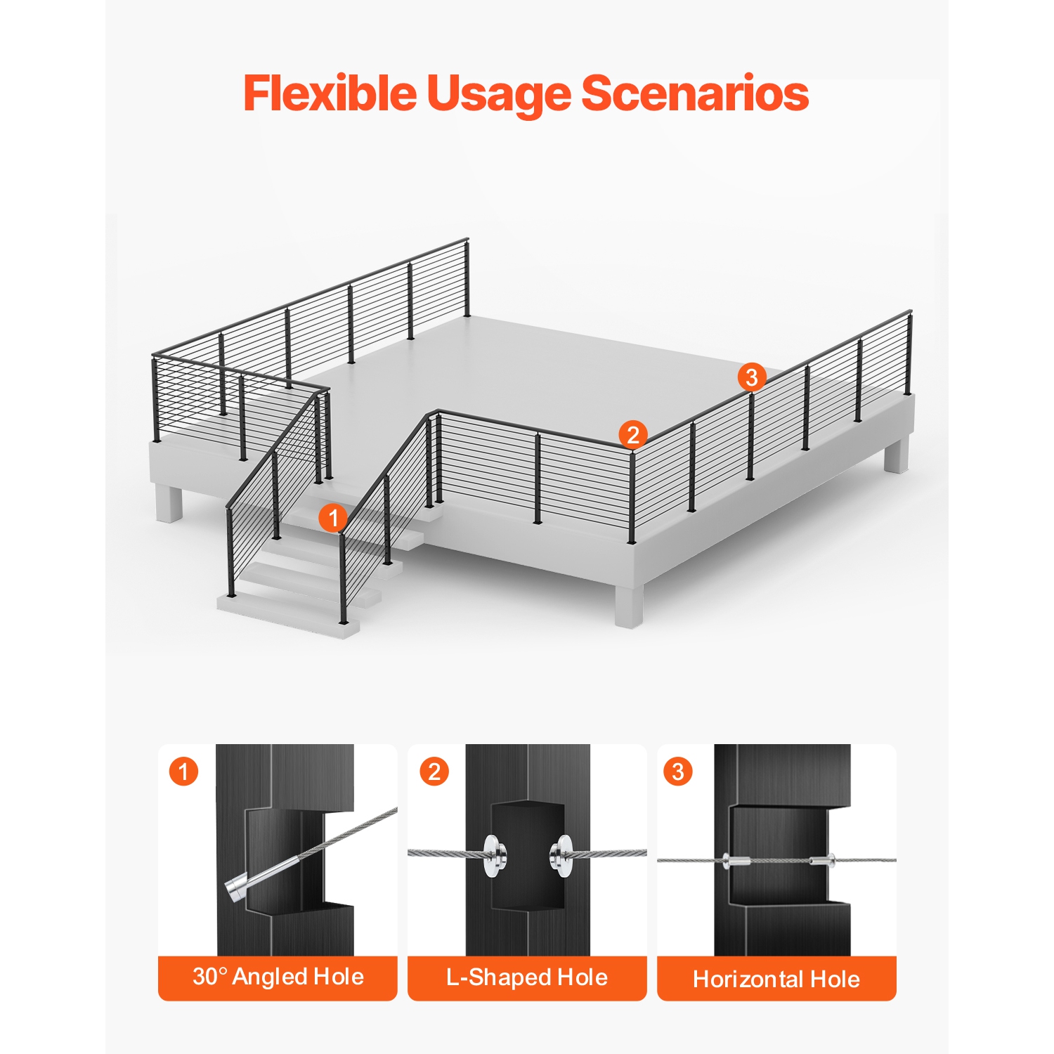 VEVOR 42x2x2 Inch Cable Railing Post, Stair Railing Post, with Pre-Drilled 30° Angled Holes, Stainless Steel Cable Rail Post , 1-Pack, Black,