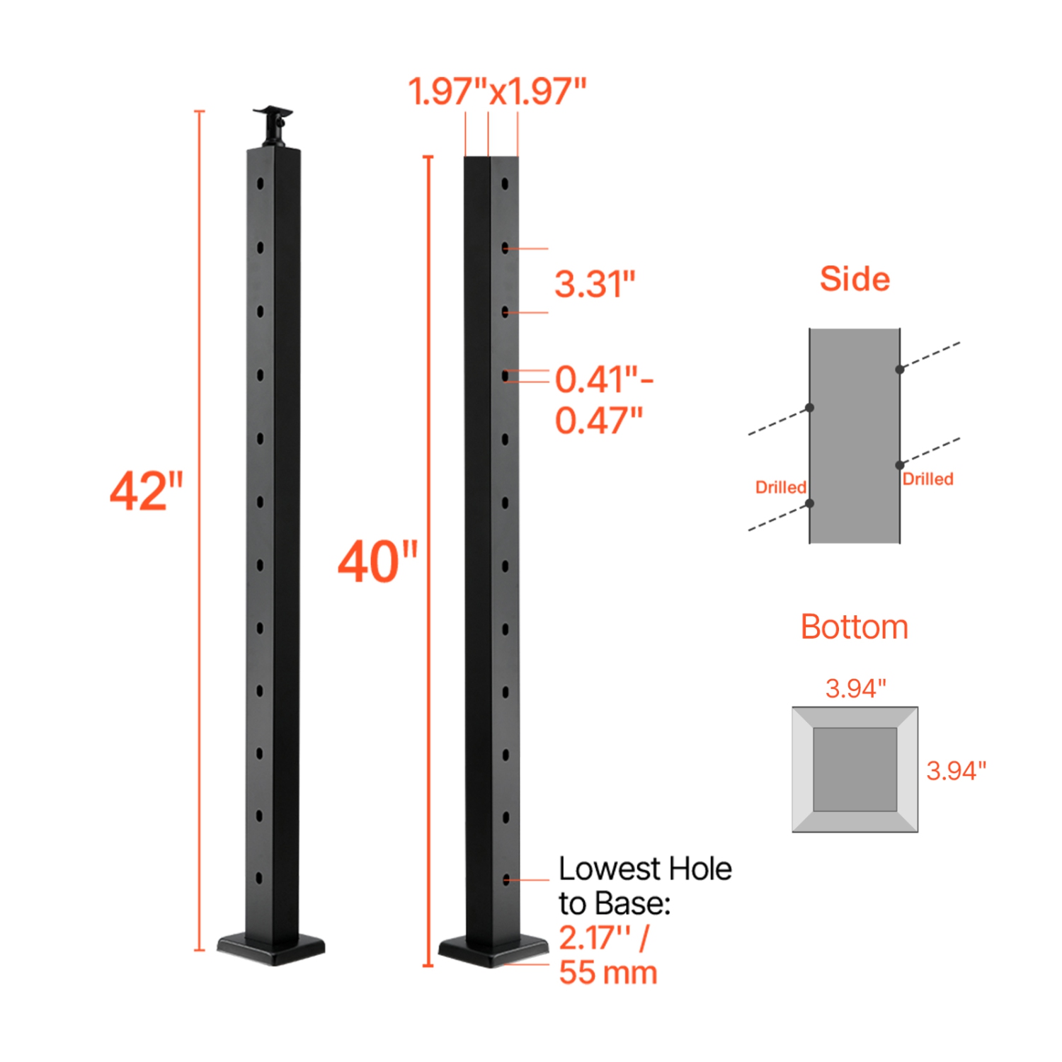 VEVOR 42x2x2 Inch Cable Railing Post, Stair Railing Post, with Pre-Drilled 30° Angled Holes, Stainless Steel Cable Rail Post , 1-Pack, Black,