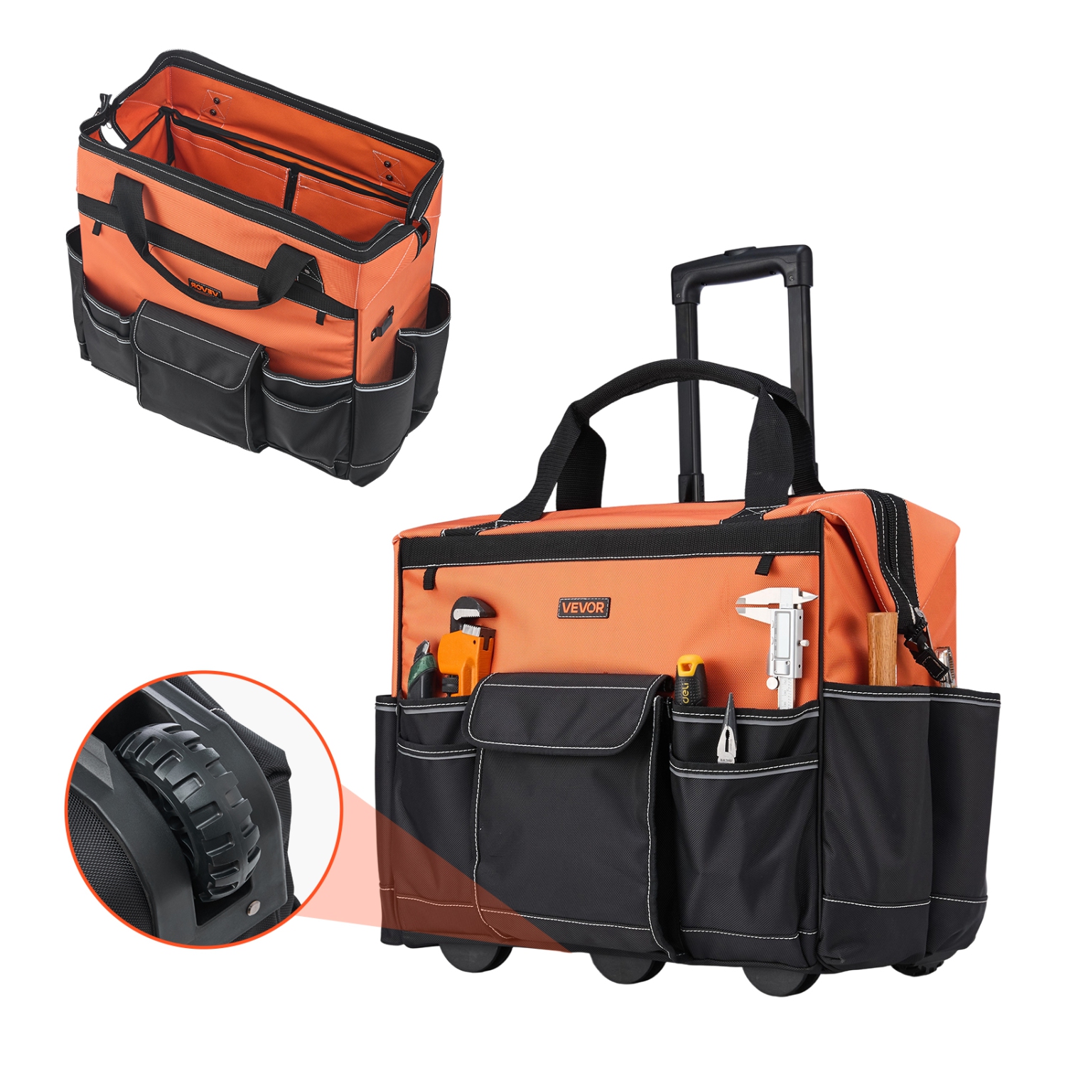 VEVOR 110 lbs Load Capacity Rolling Tool Bag,27 Pockets Heavy Duty Roller Tool Bag on Wheels, Adjustable Telescoping Handle & Stable Base, Toolbag