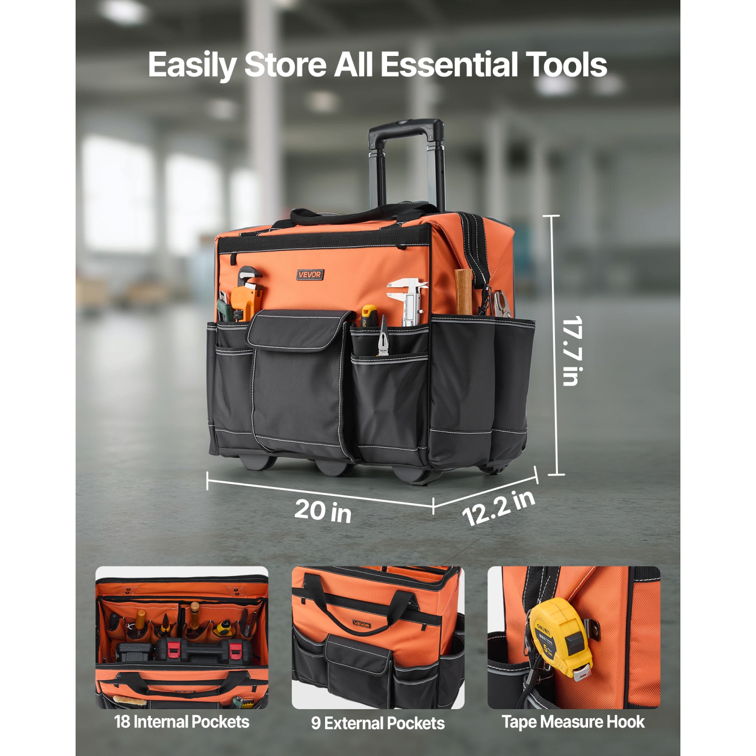 VEVOR 110 lbs Load Capacity Rolling Tool Bag,27 Pockets Heavy Duty Roller Tool Bag on Wheels, Adjustable Telescoping Handle & Stable Base, Toolbag