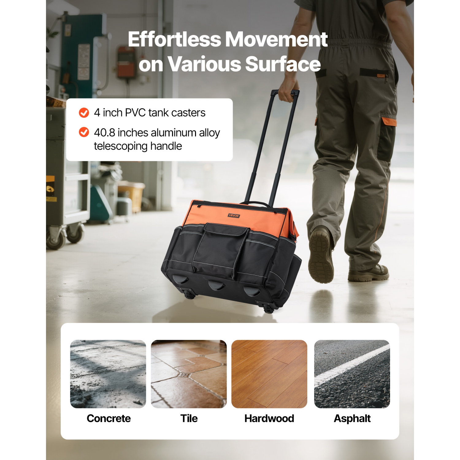 VEVOR 110 lbs Load Capacity Rolling Tool Bag,27 Pockets Heavy Duty Roller Tool Bag on Wheels, Adjustable Telescoping Handle & Stable Base, Toolbag