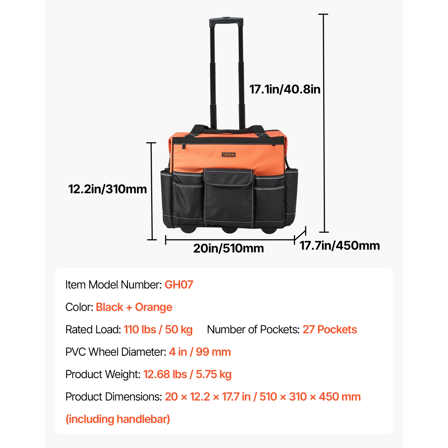 VEVOR 110 lbs Load Capacity Rolling Tool Bag,27 Pockets Heavy Duty Roller Tool Bag on Wheels, Adjustable Telescoping Handle & Stable Base, Toolbag