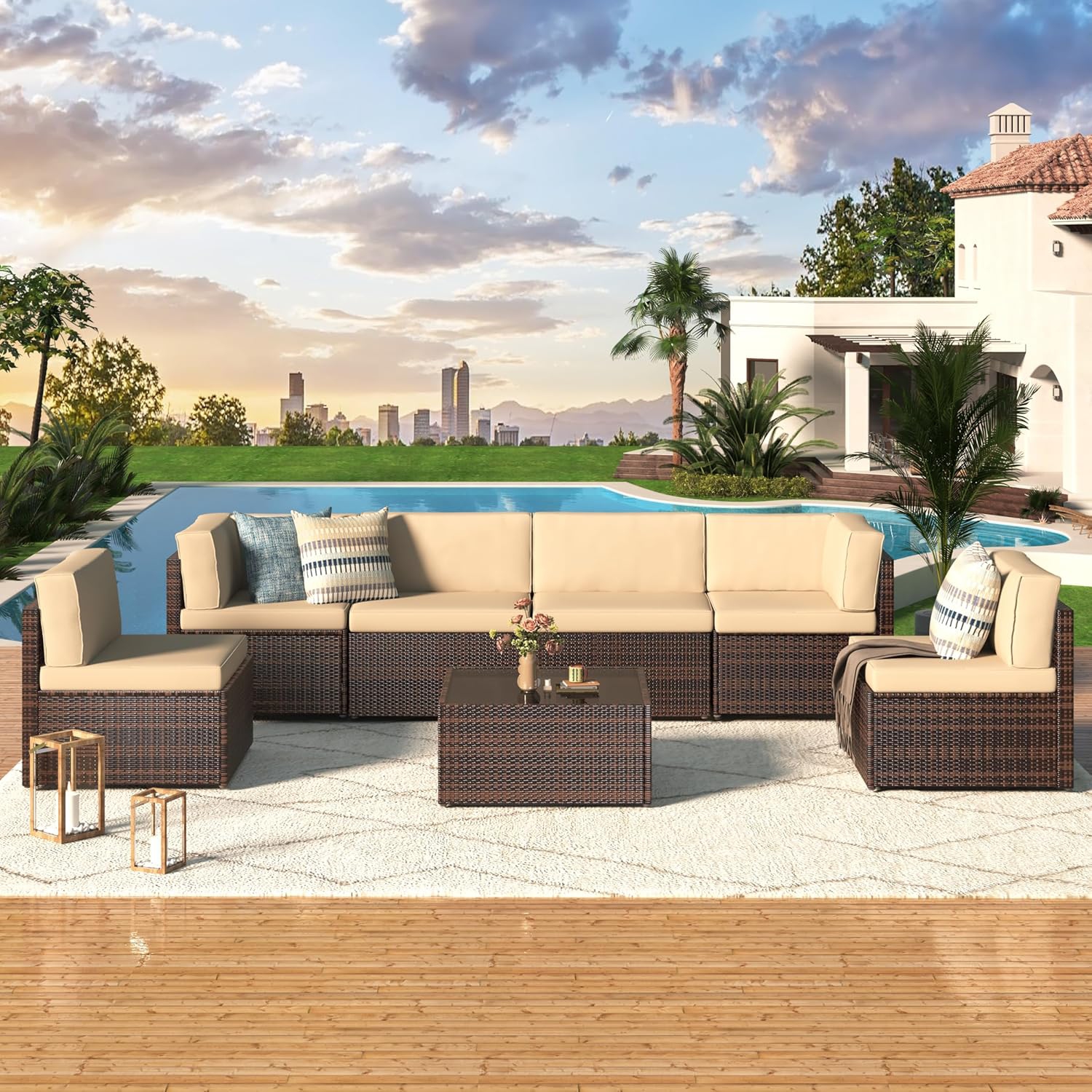 AECOJOY 7 Piece Outdoor Sectional Furniture Set with Cushions and Coffee Table, Patio PE Rattan Wicker Sofa, Beige