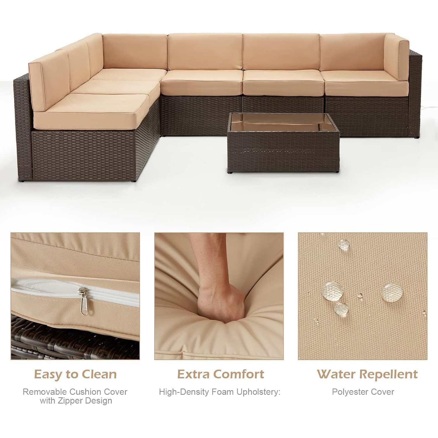 AECOJOY 7 Piece Outdoor Sectional Furniture Set with Cushions and Coffee Table, Patio PE Rattan Wicker Sofa, Beige
